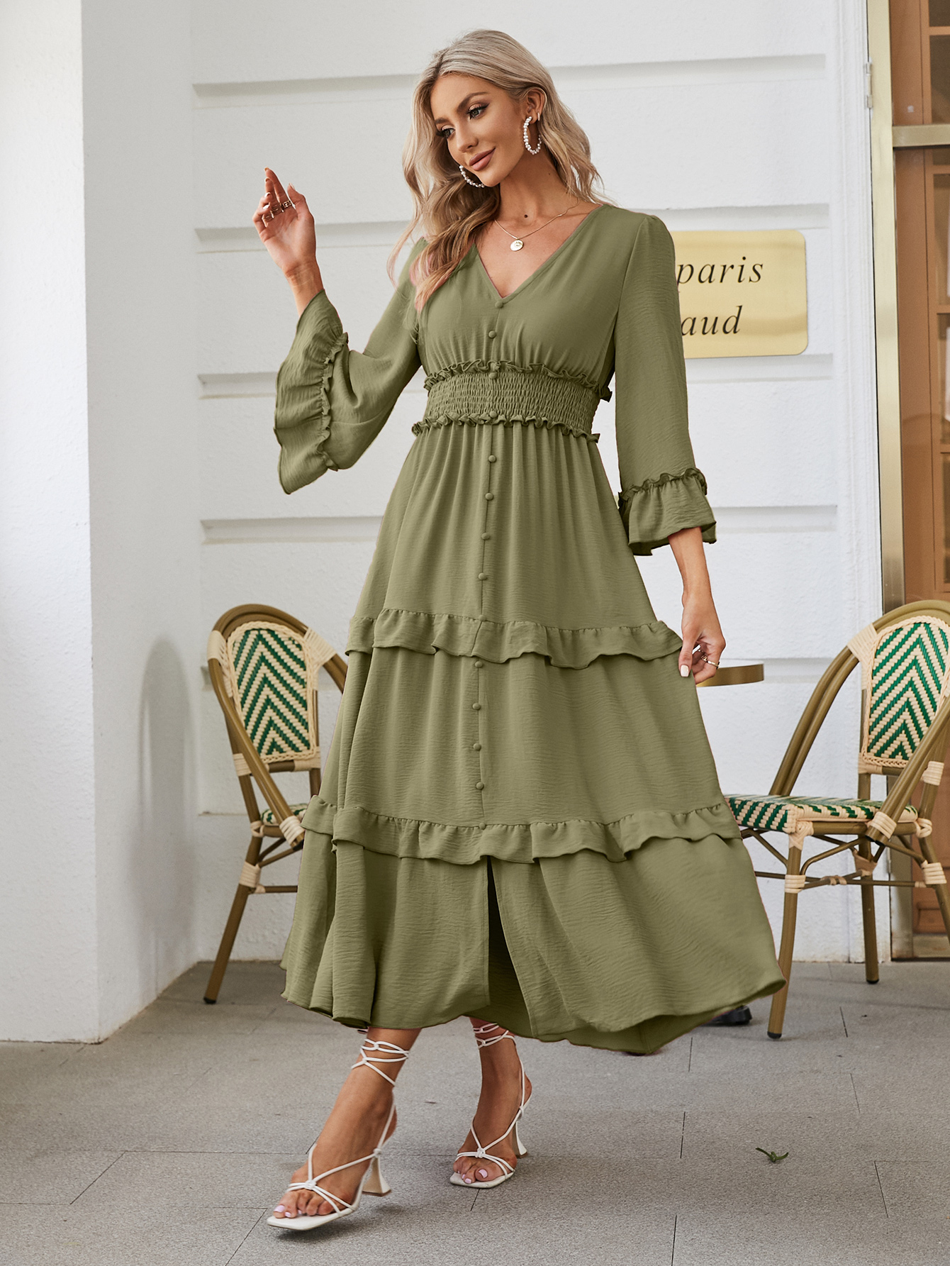 Long Sleeve Tiered Ruffle Smocked Flare Maxi Dress