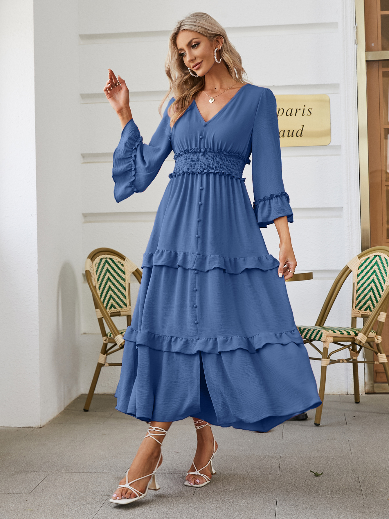 Long Sleeve Tiered Ruffle Smocked Flare Maxi Dress