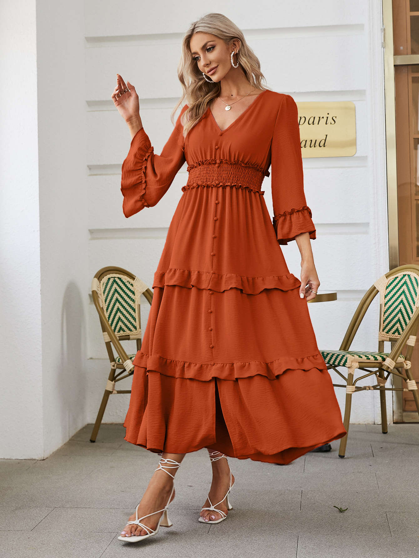 Long Sleeve Tiered Ruffle Smocked Flare Maxi Dress