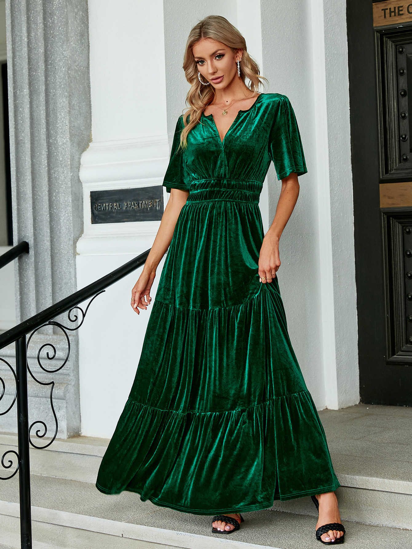 Velvet V-Neck Ruffle Tiered Wedding Guest Maxi Dress