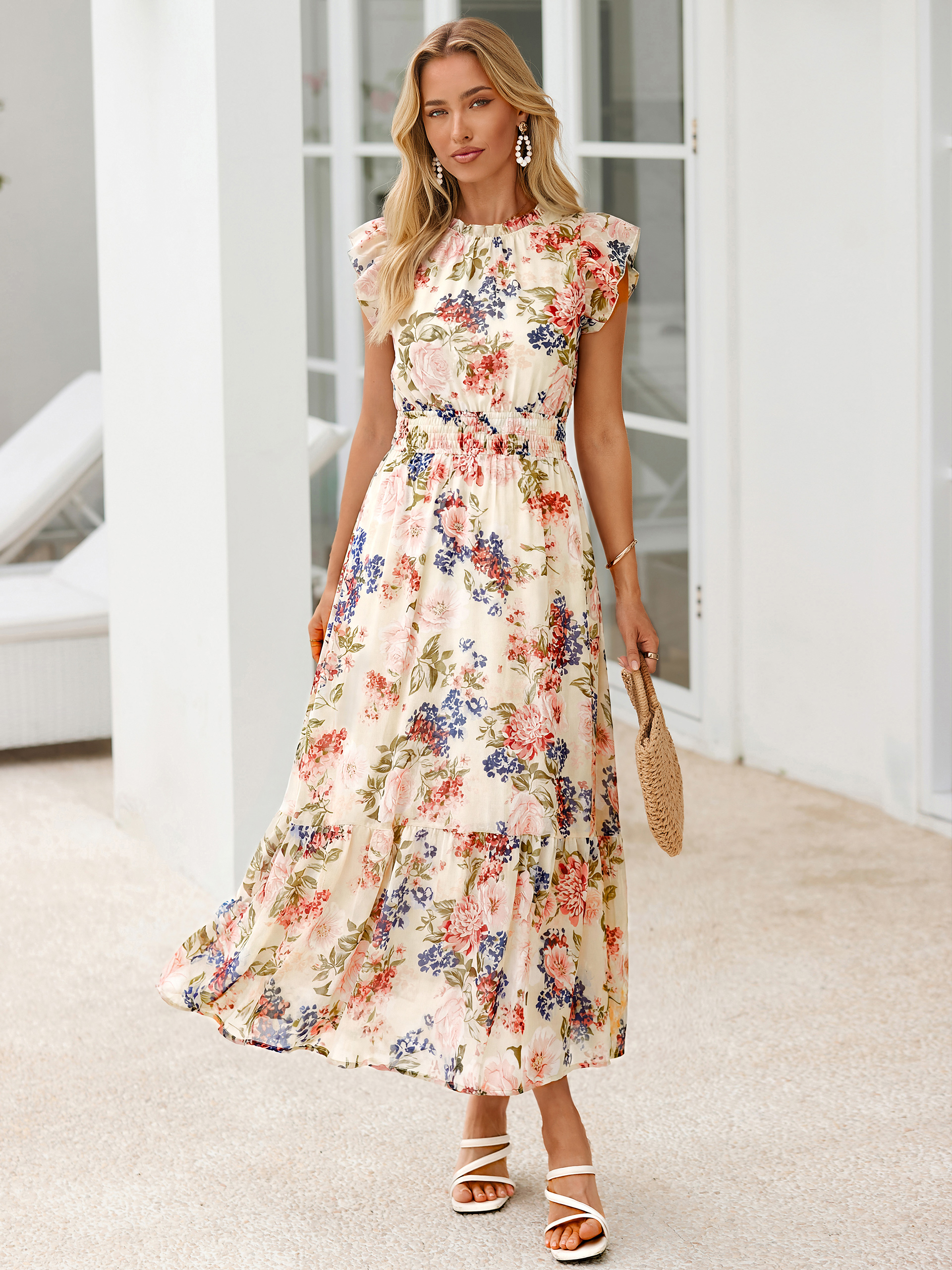 Floral Chiffon Ruffle Neck Flutter Sleeve Maxi Dress