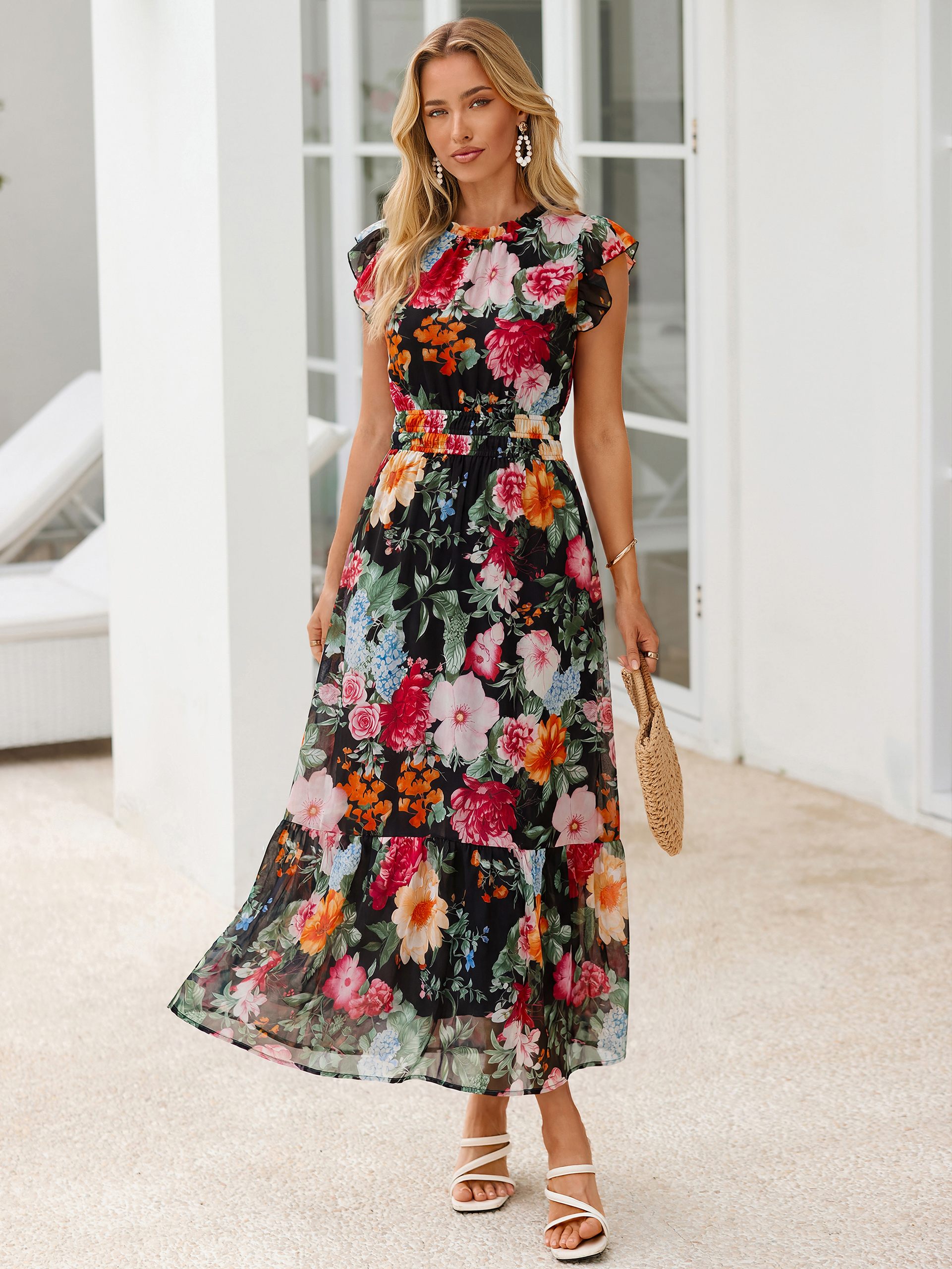 Floral Chiffon Ruffle Neck Flutter Sleeve Maxi Dress
