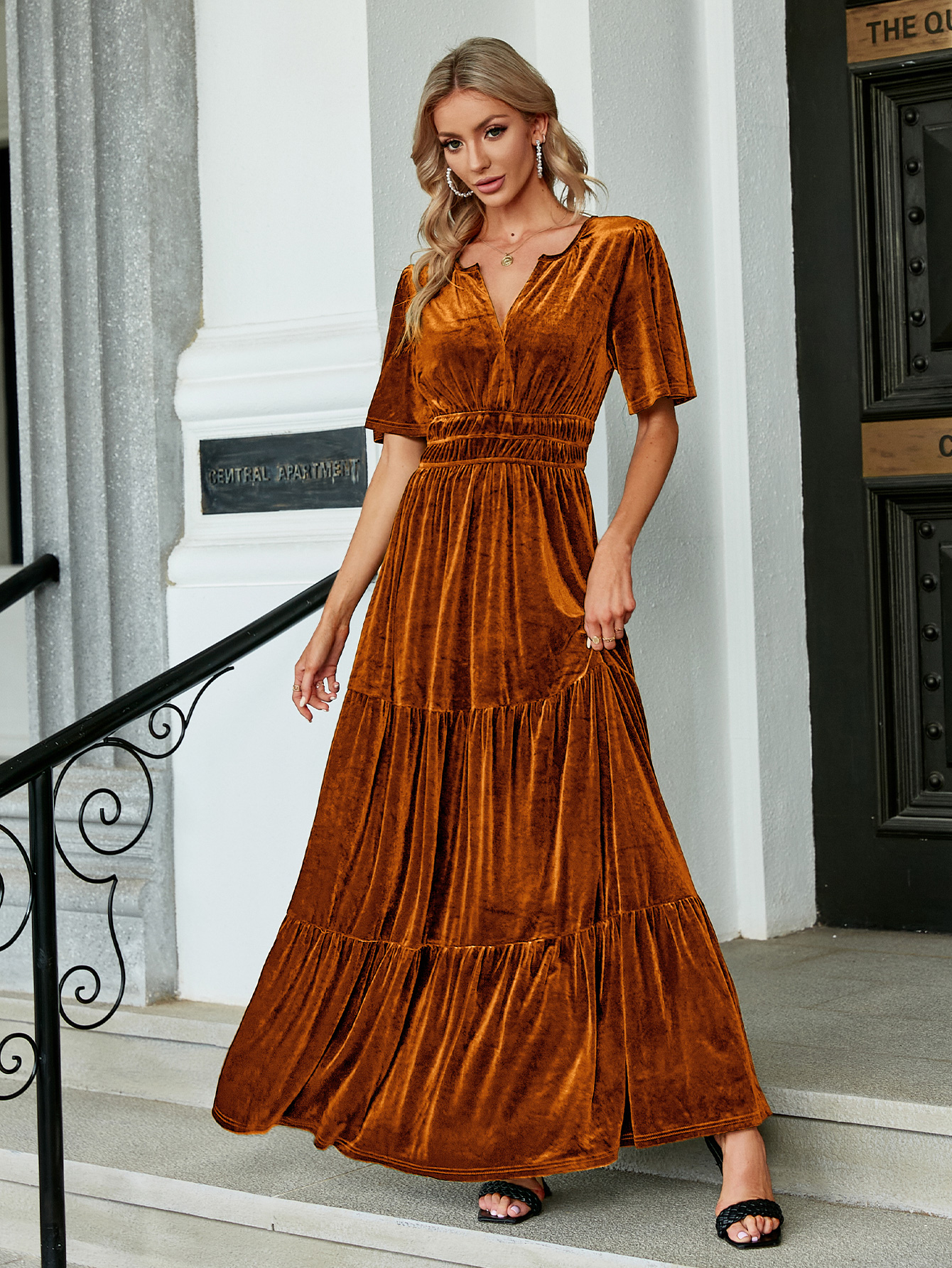 Velvet V-Neck Ruffle Tiered Wedding Guest Maxi Dress