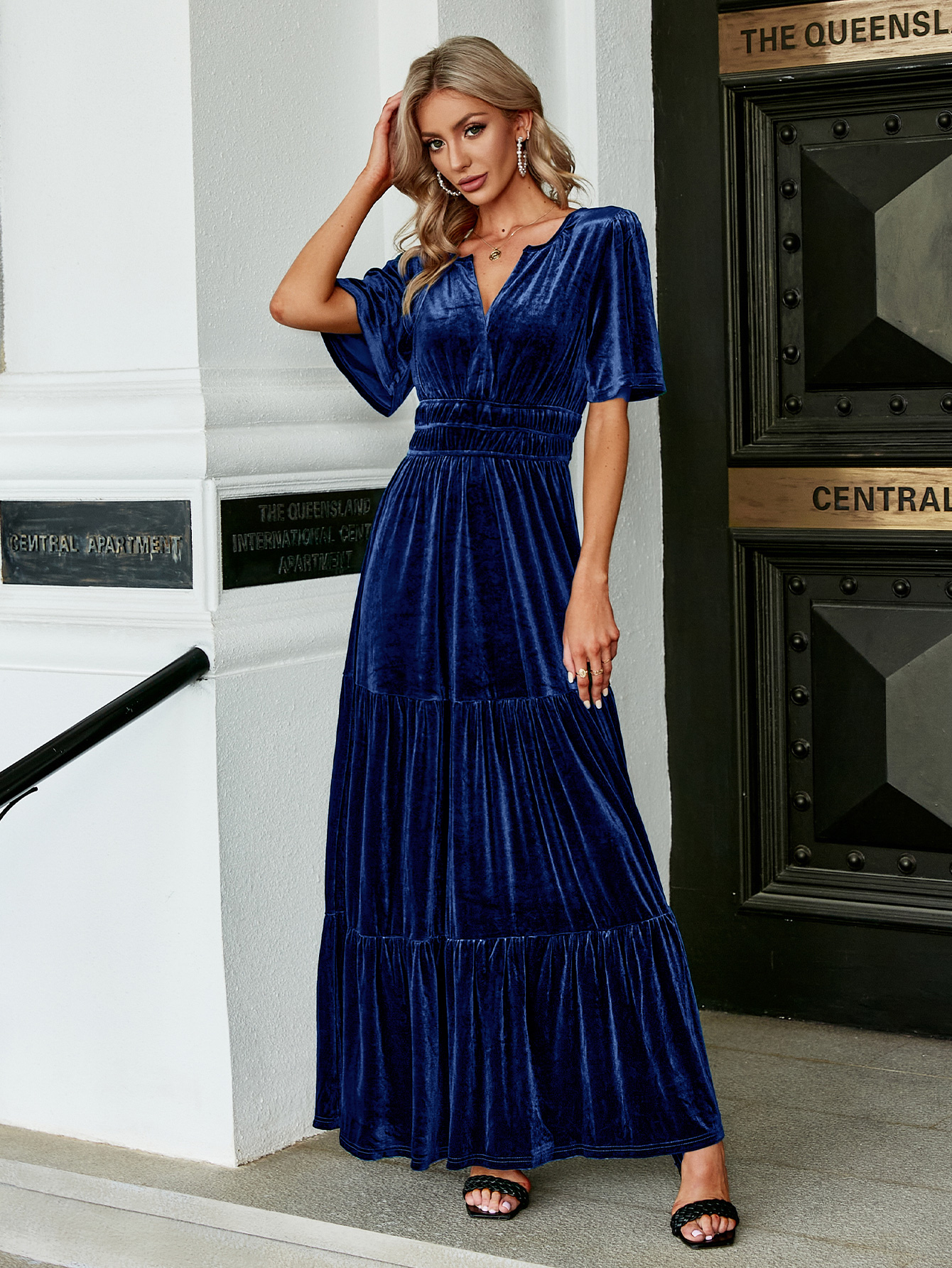 Velvet V-Neck Ruffle Tiered Wedding Guest Maxi Dress