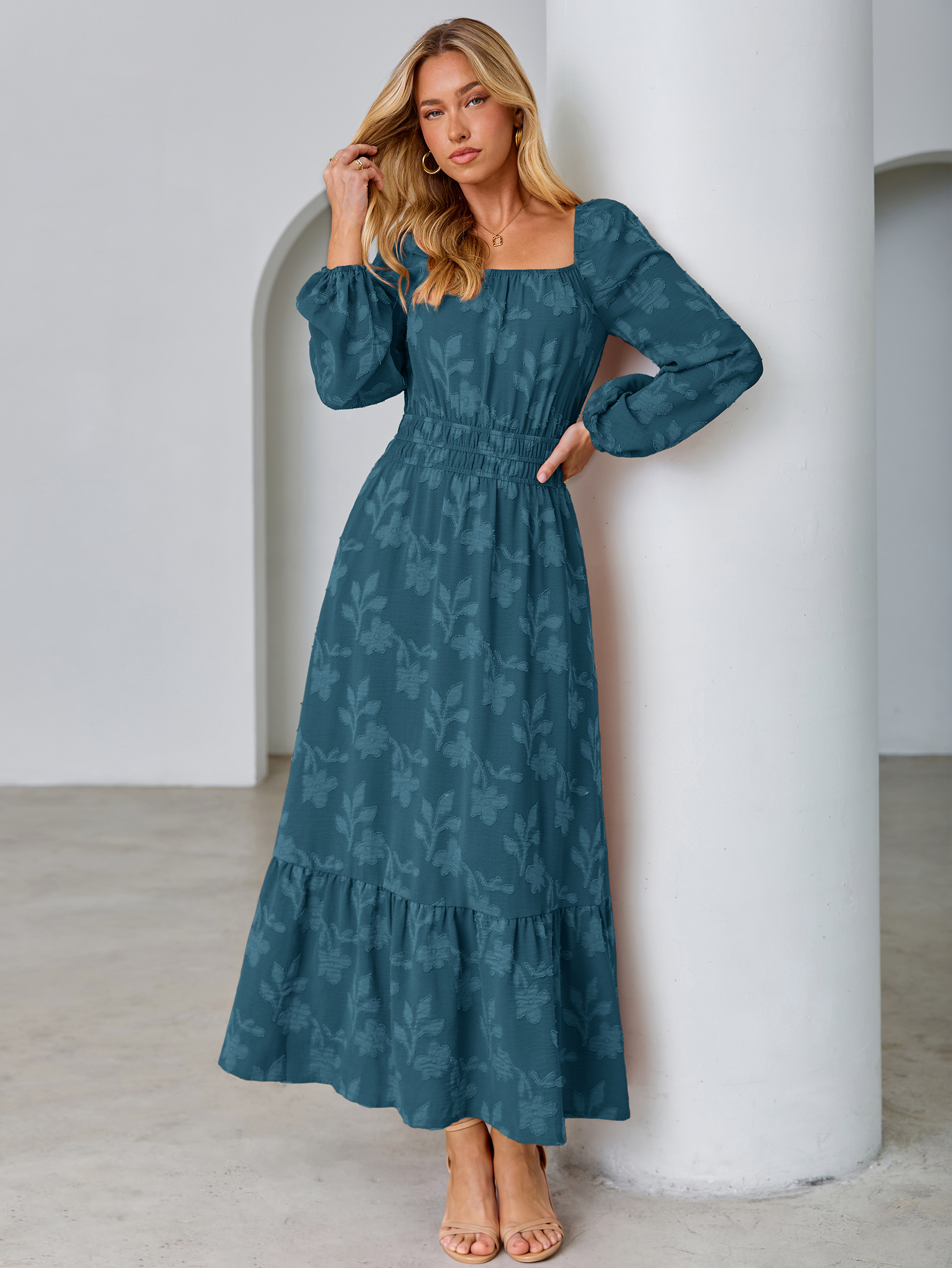 Jacquard Floral Square Neck Wedding Guest Maxi Dress