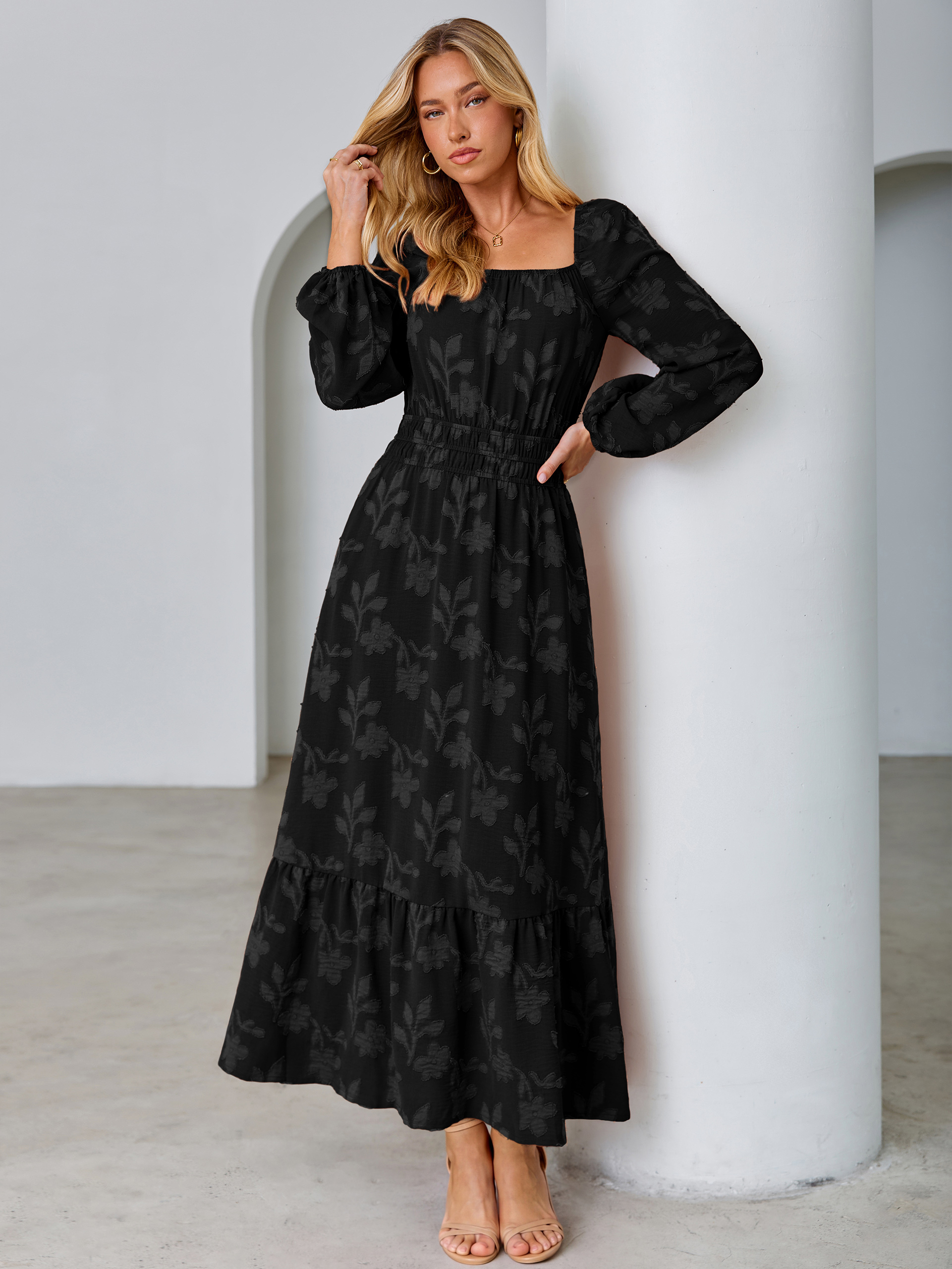 Jacquard Floral Square Neck Wedding Guest Maxi Dress