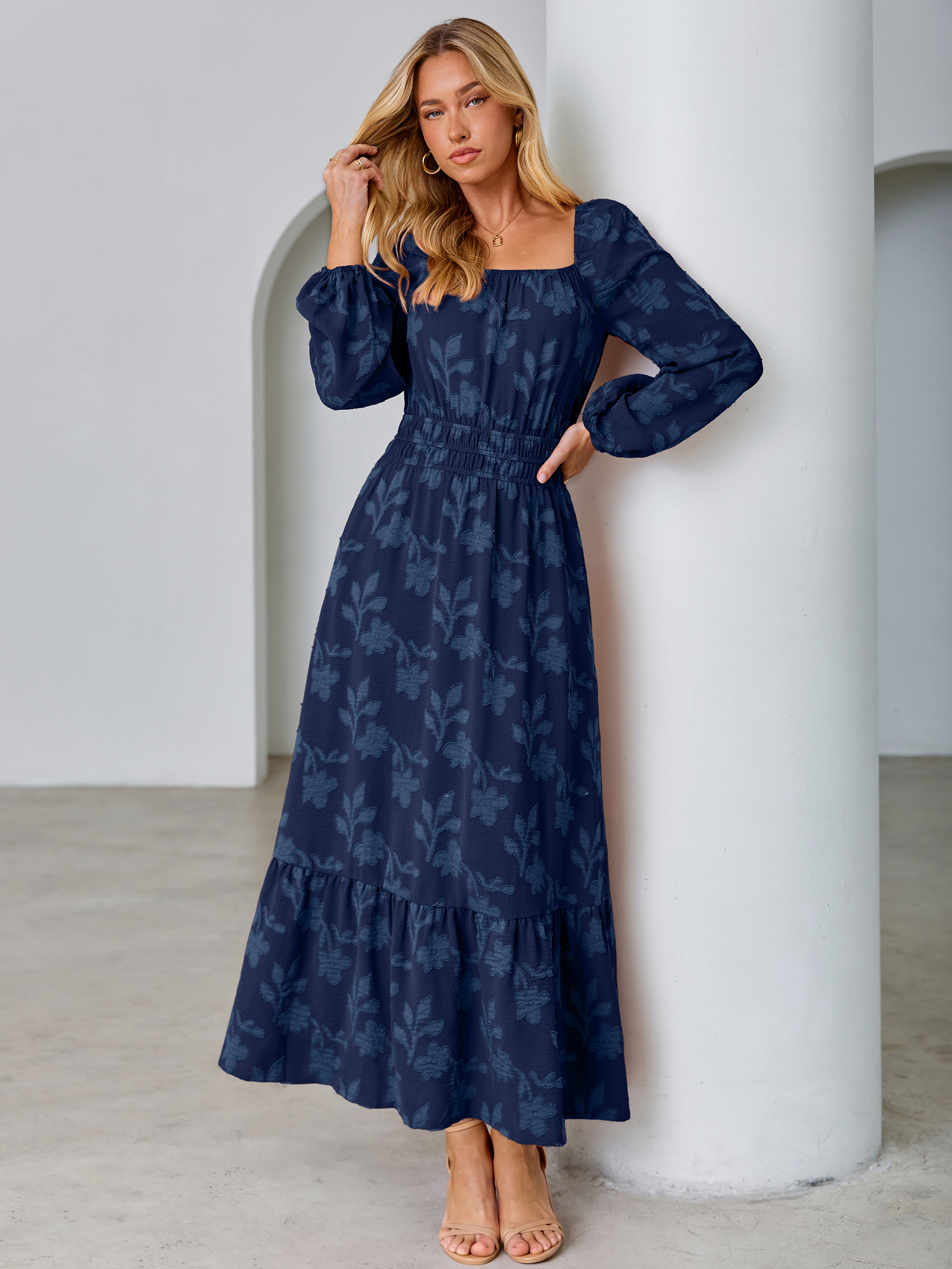 Jacquard Floral Square Neck Wedding Guest Maxi Dress