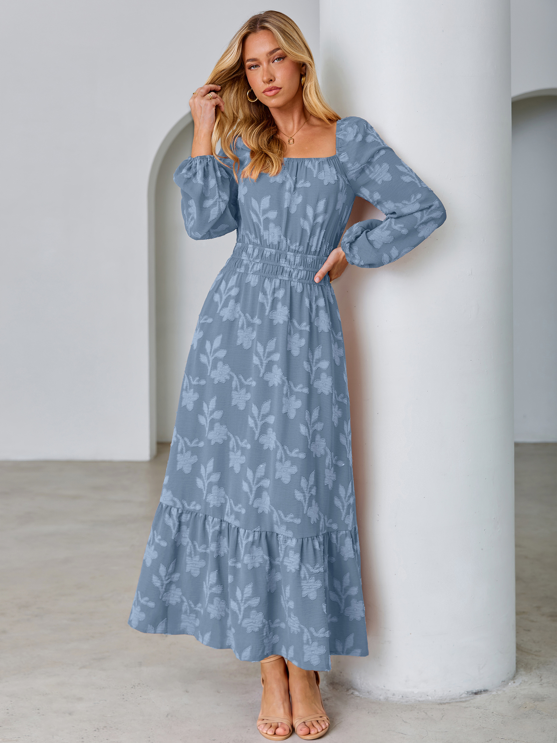 Jacquard Floral Square Neck Wedding Guest Maxi Dress