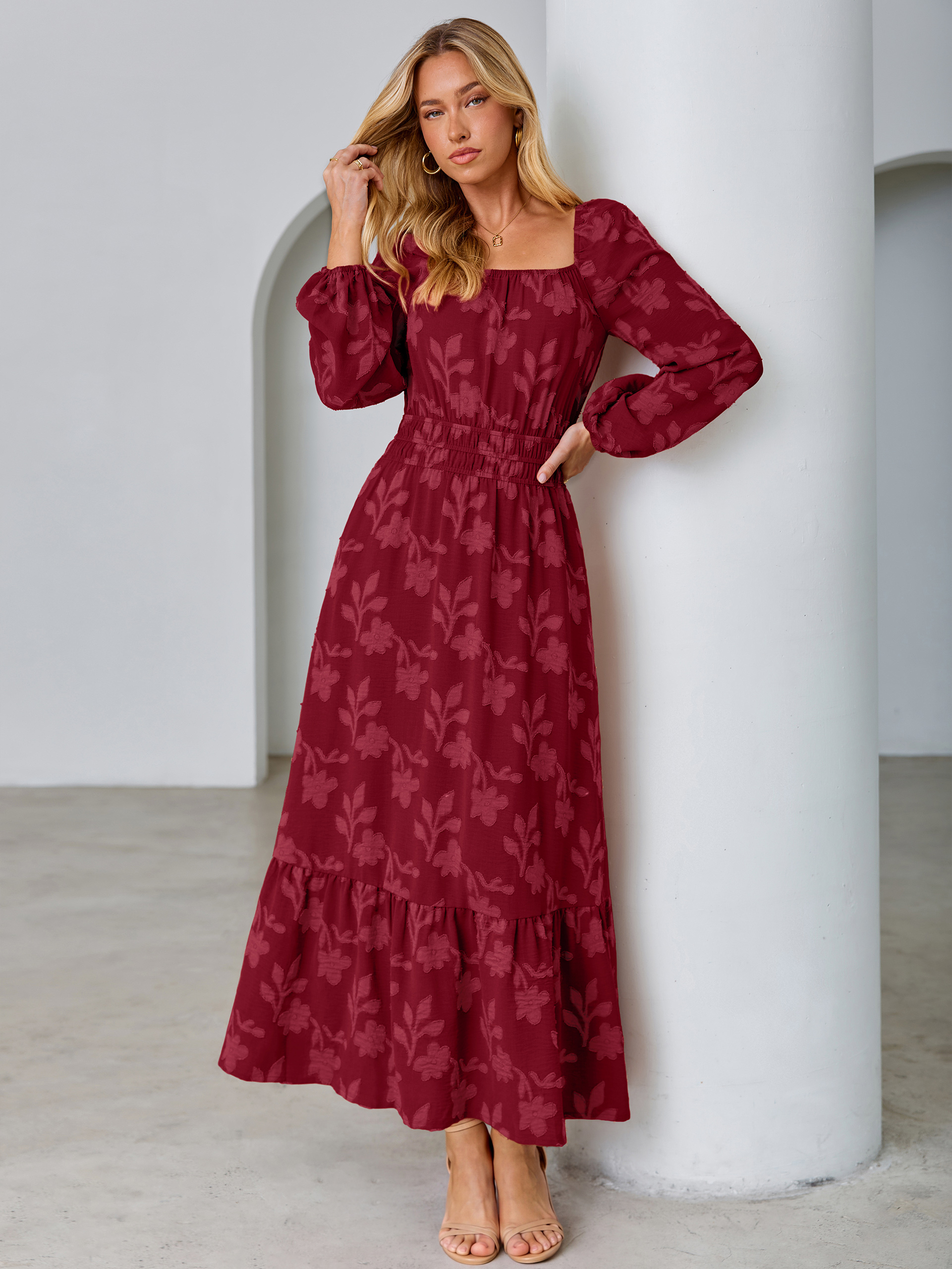 Jacquard Floral Square Neck Wedding Guest Maxi Dress