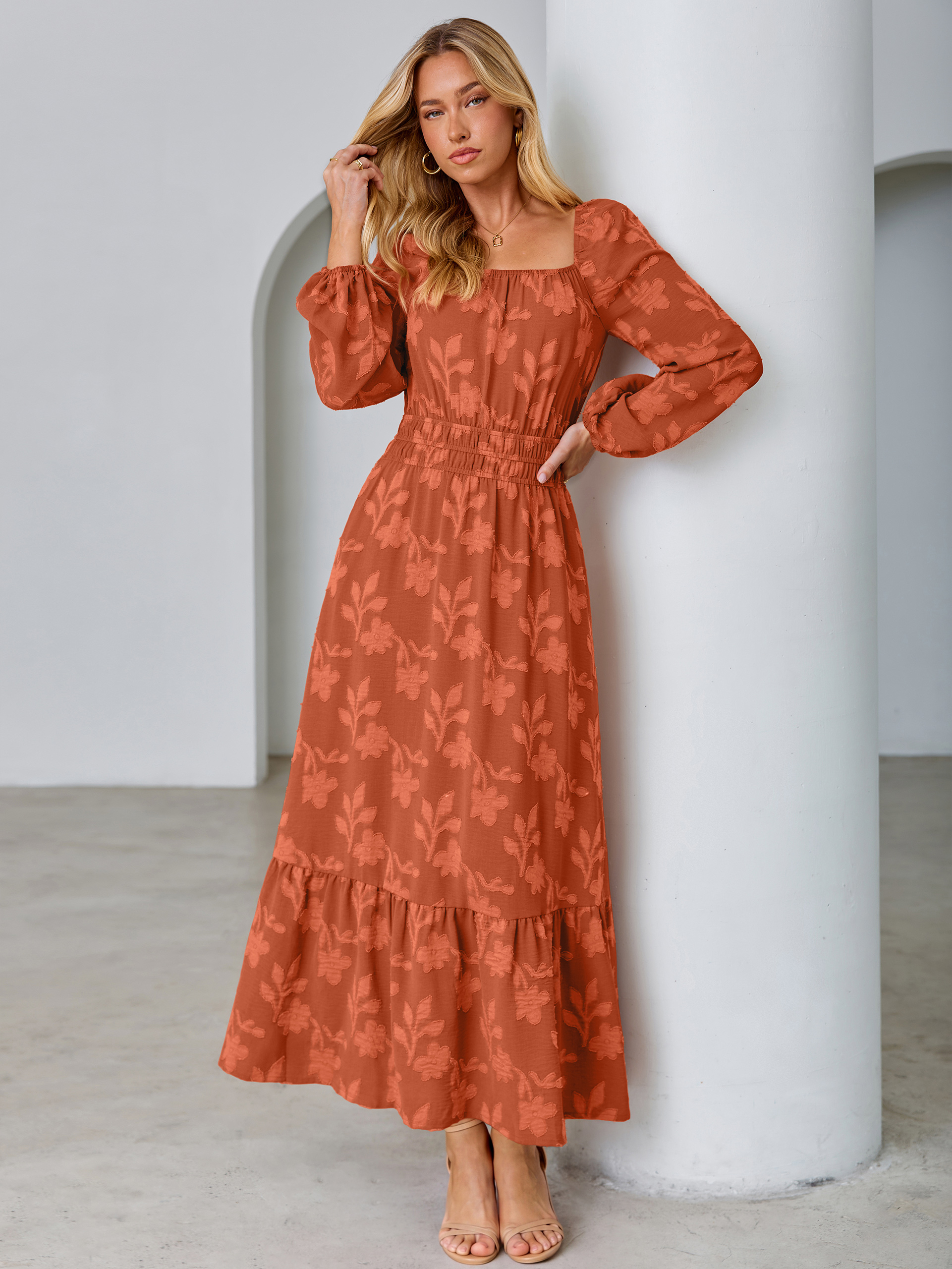 Jacquard Floral Square Neck Wedding Guest Maxi Dress