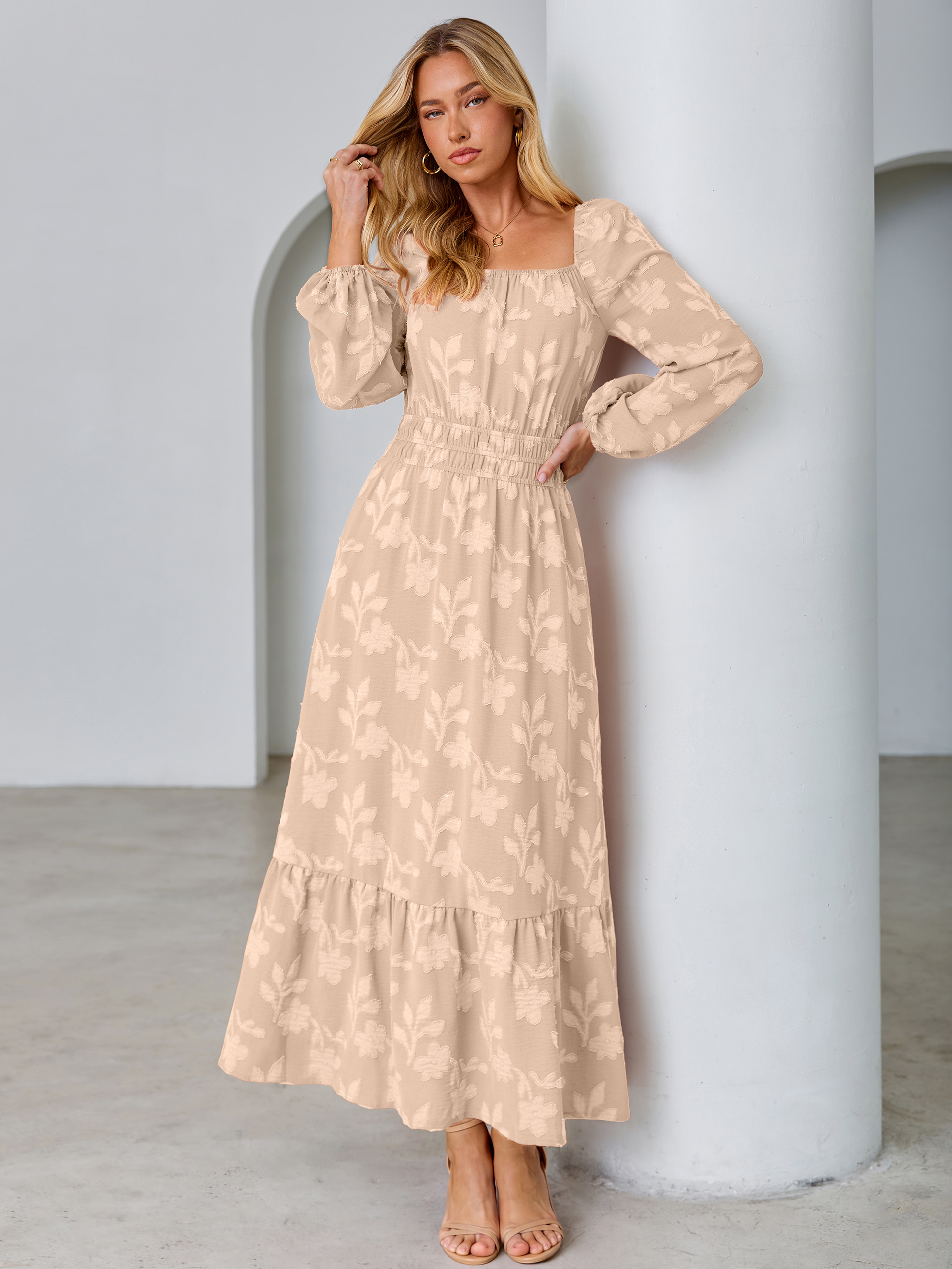 Jacquard Floral Square Neck Wedding Guest Maxi Dress