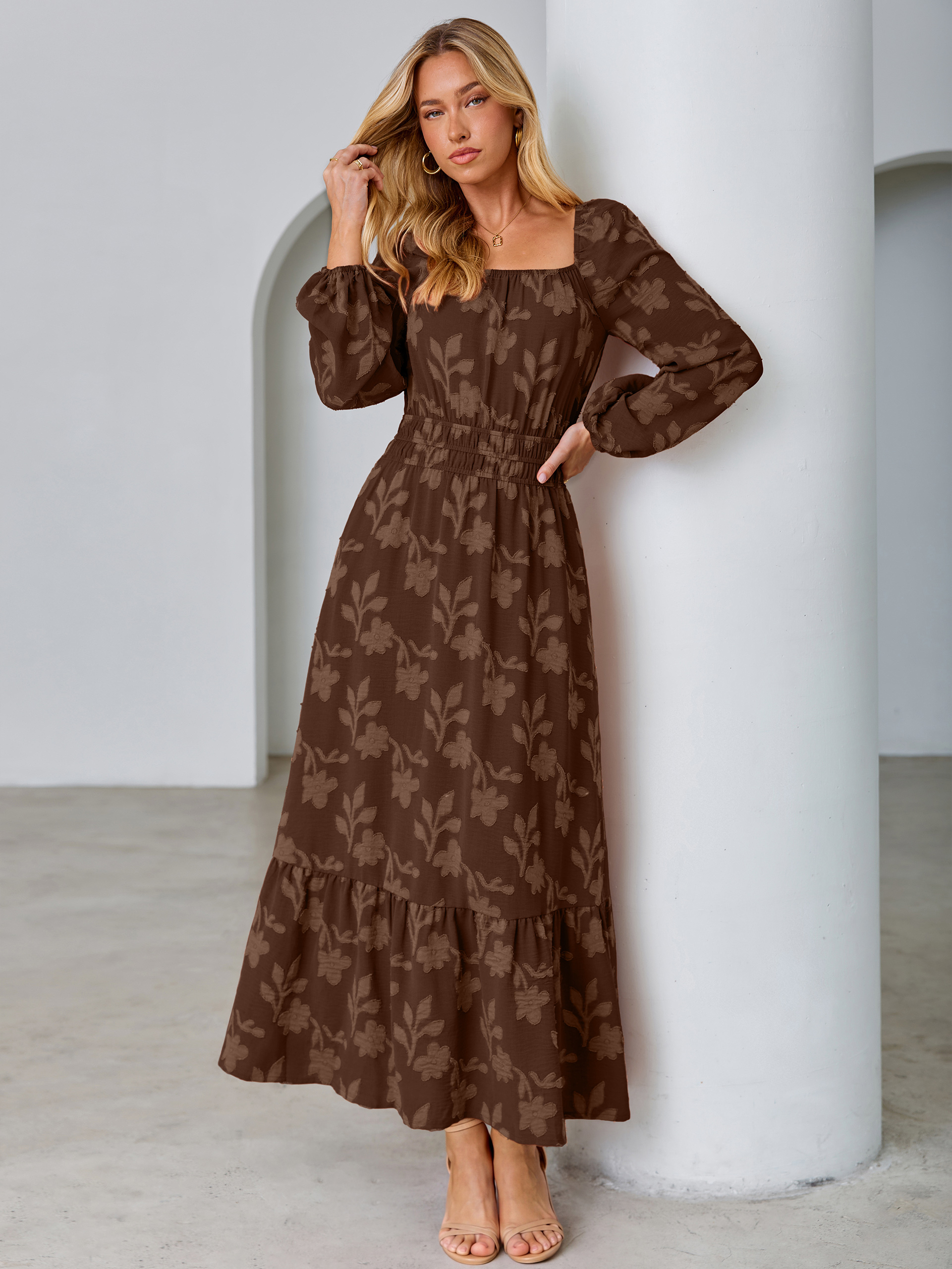 Jacquard Floral Square Neck Wedding Guest Maxi Dress