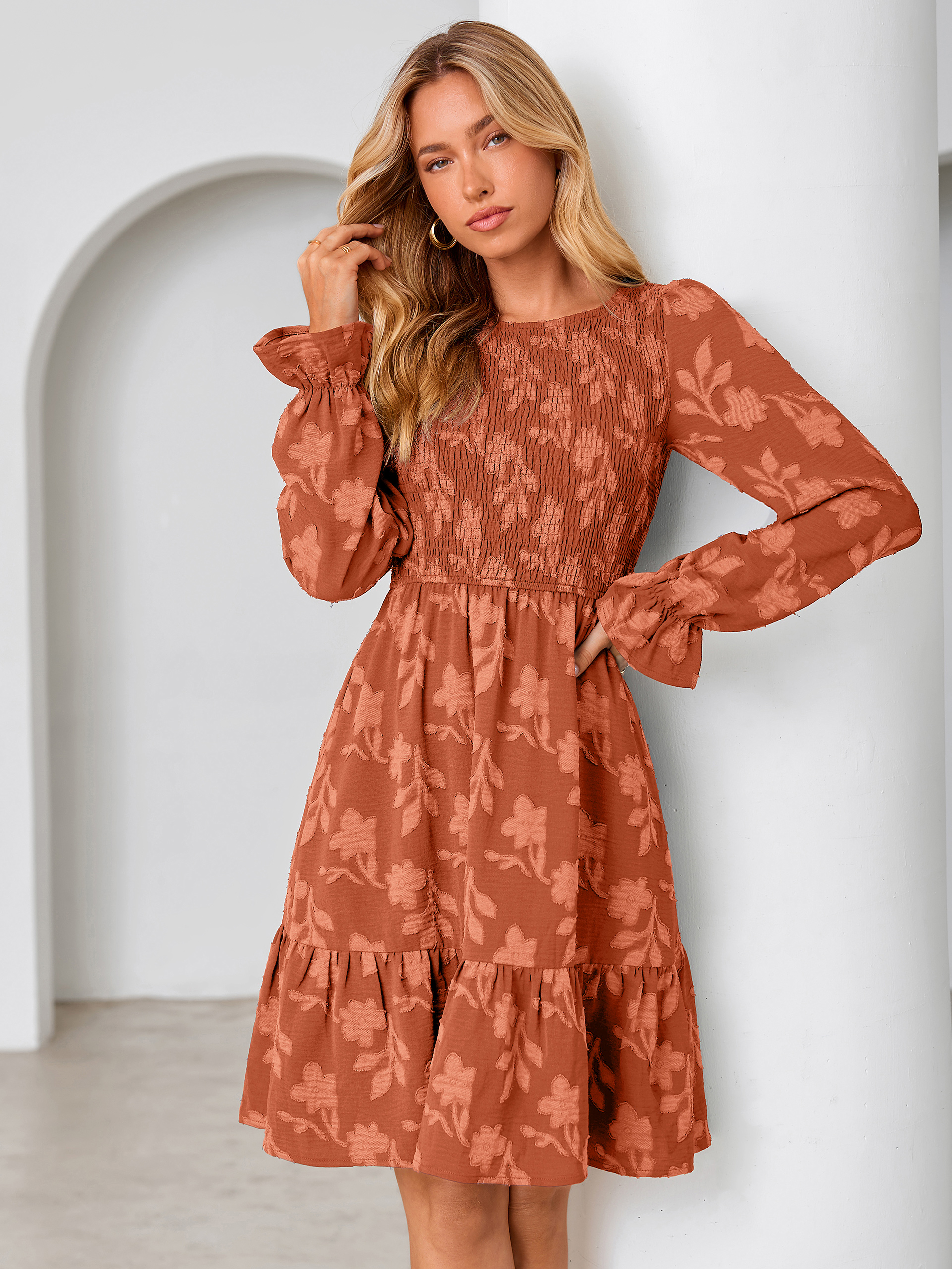 Burnout Leaf Smocked Bodice Long Sleeve Mini Dress