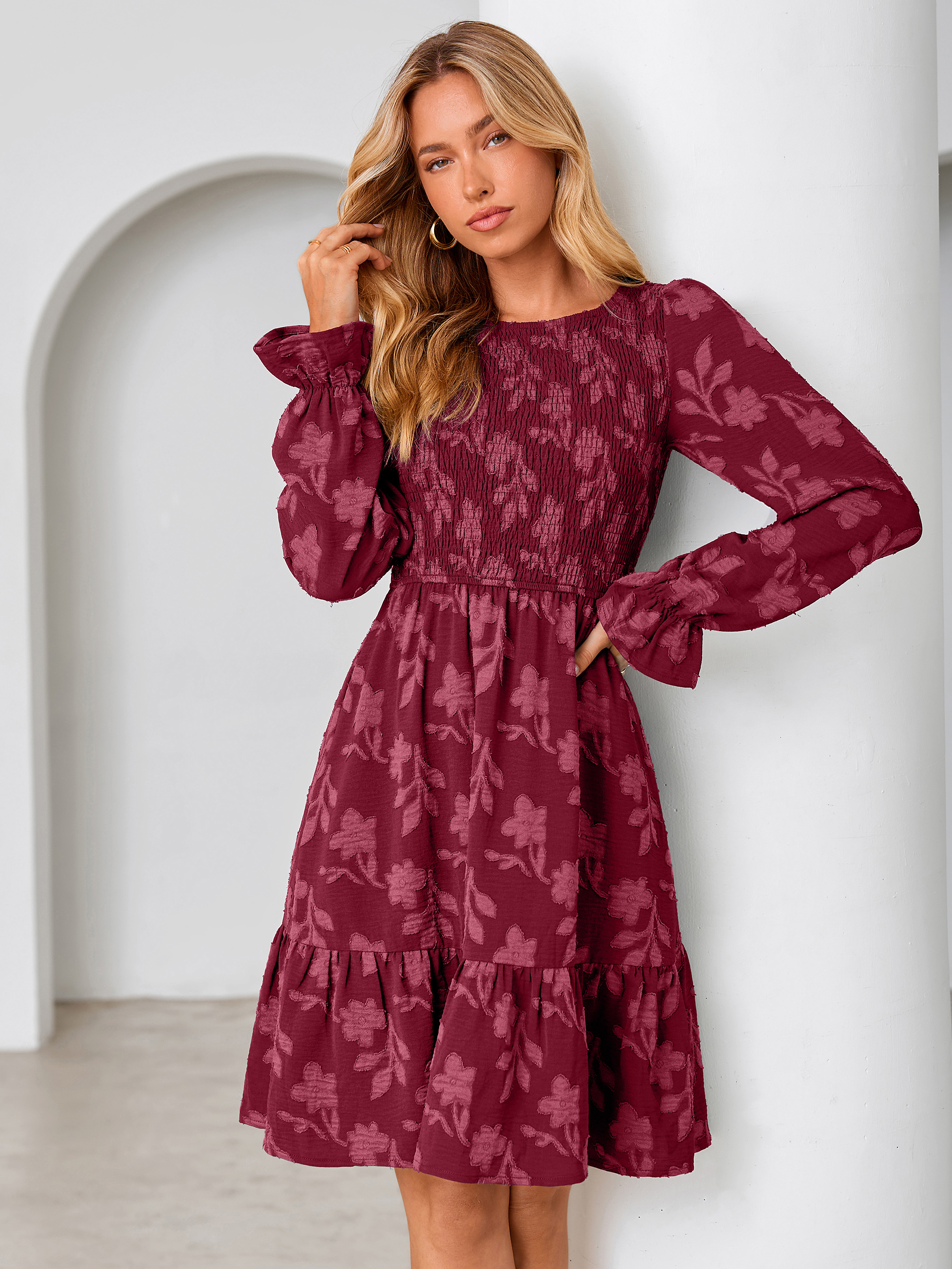 Burnout Leaf Smocked Bodice Long Sleeve Mini Dress