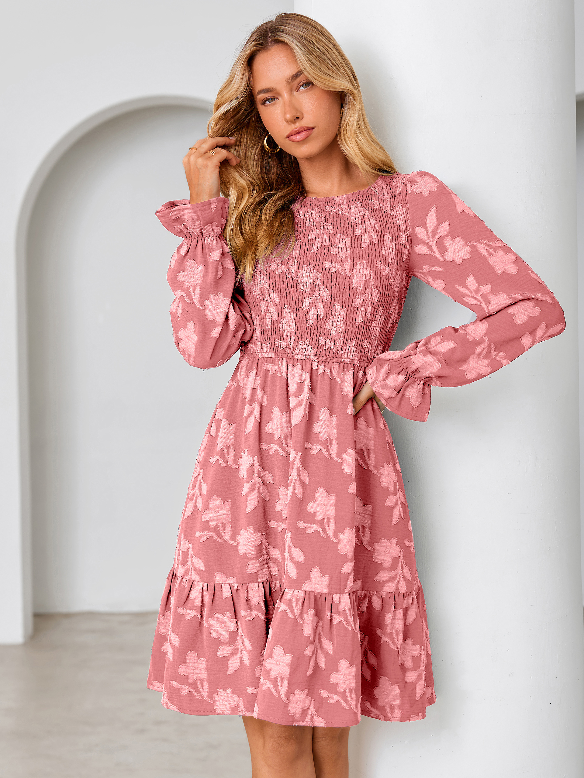 Burnout Leaf Smocked Bodice Long Sleeve Mini Dress
