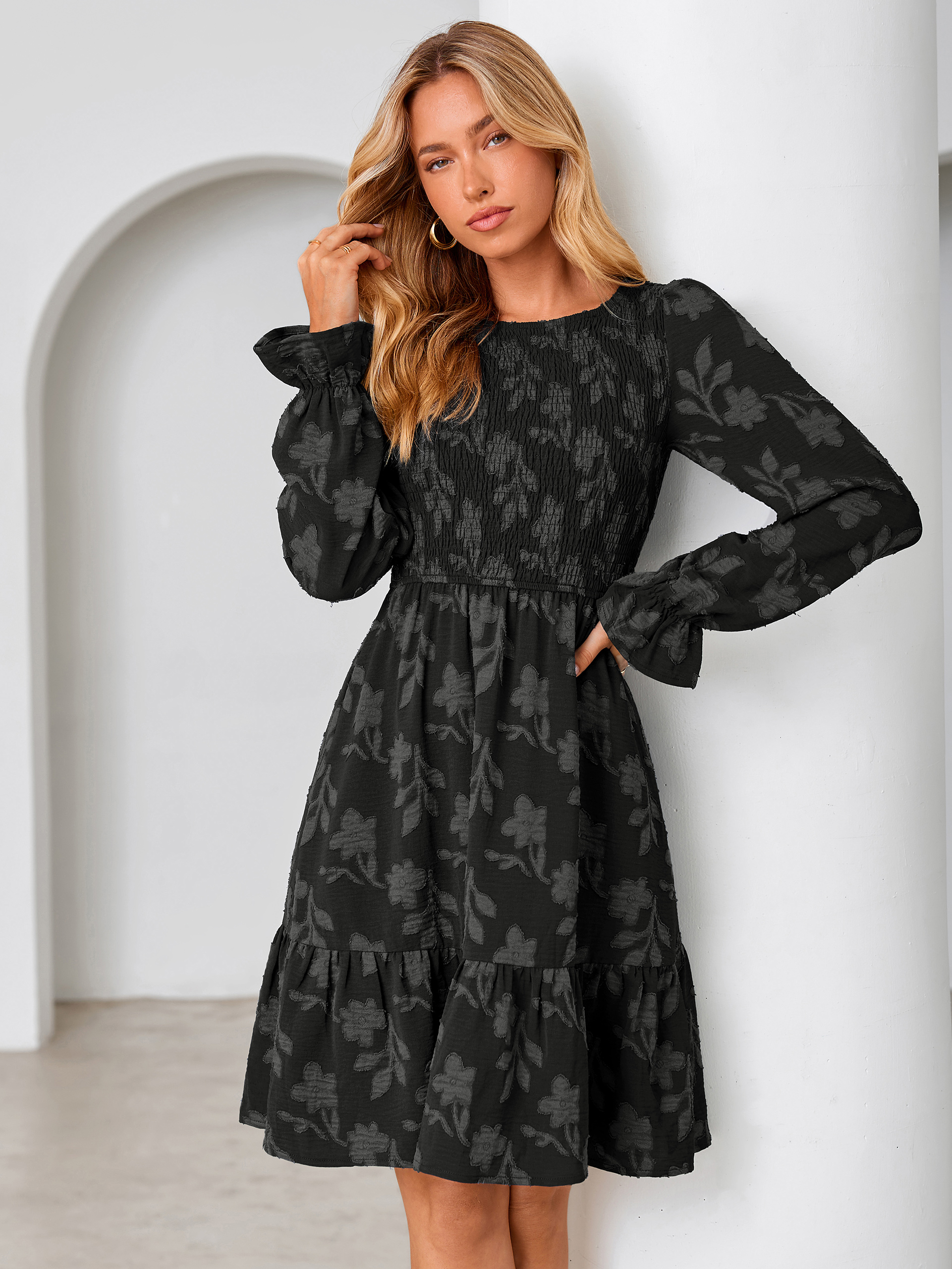 Burnout Leaf Smocked Bodice Long Sleeve Mini Dress