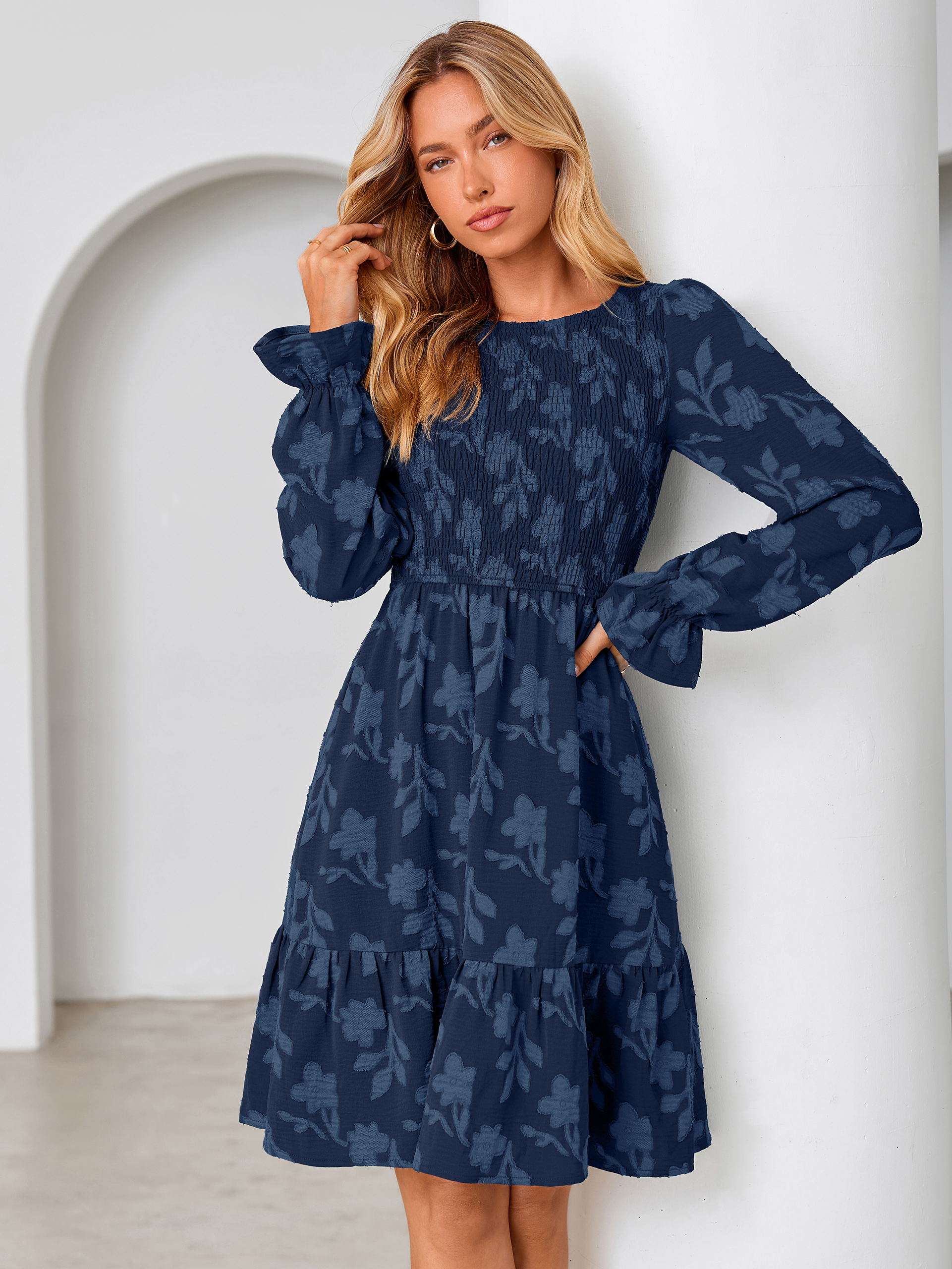 Burnout Leaf Smocked Bodice Long Sleeve Mini Dress