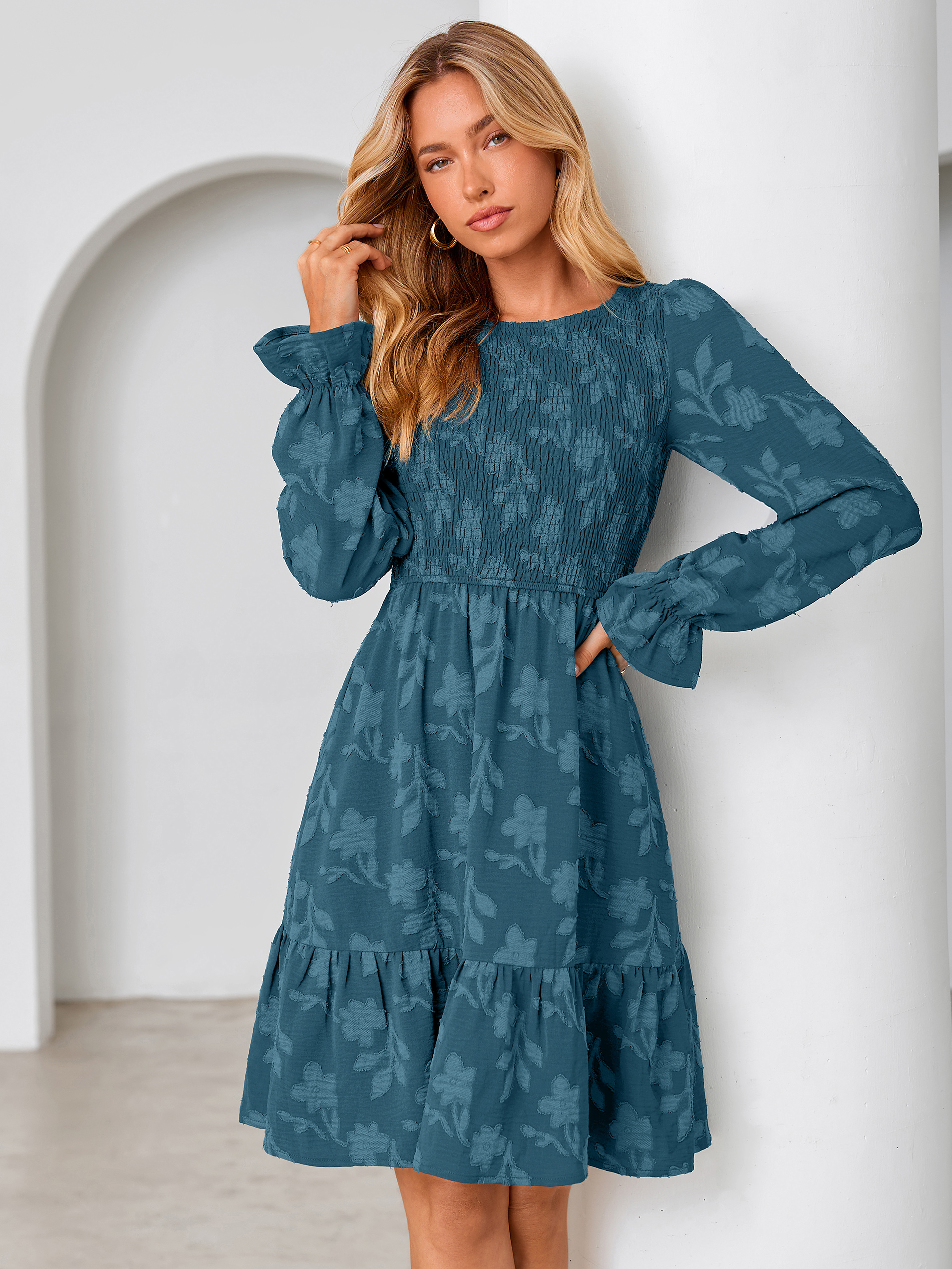 Burnout Leaf Smocked Bodice Long Sleeve Mini Dress
