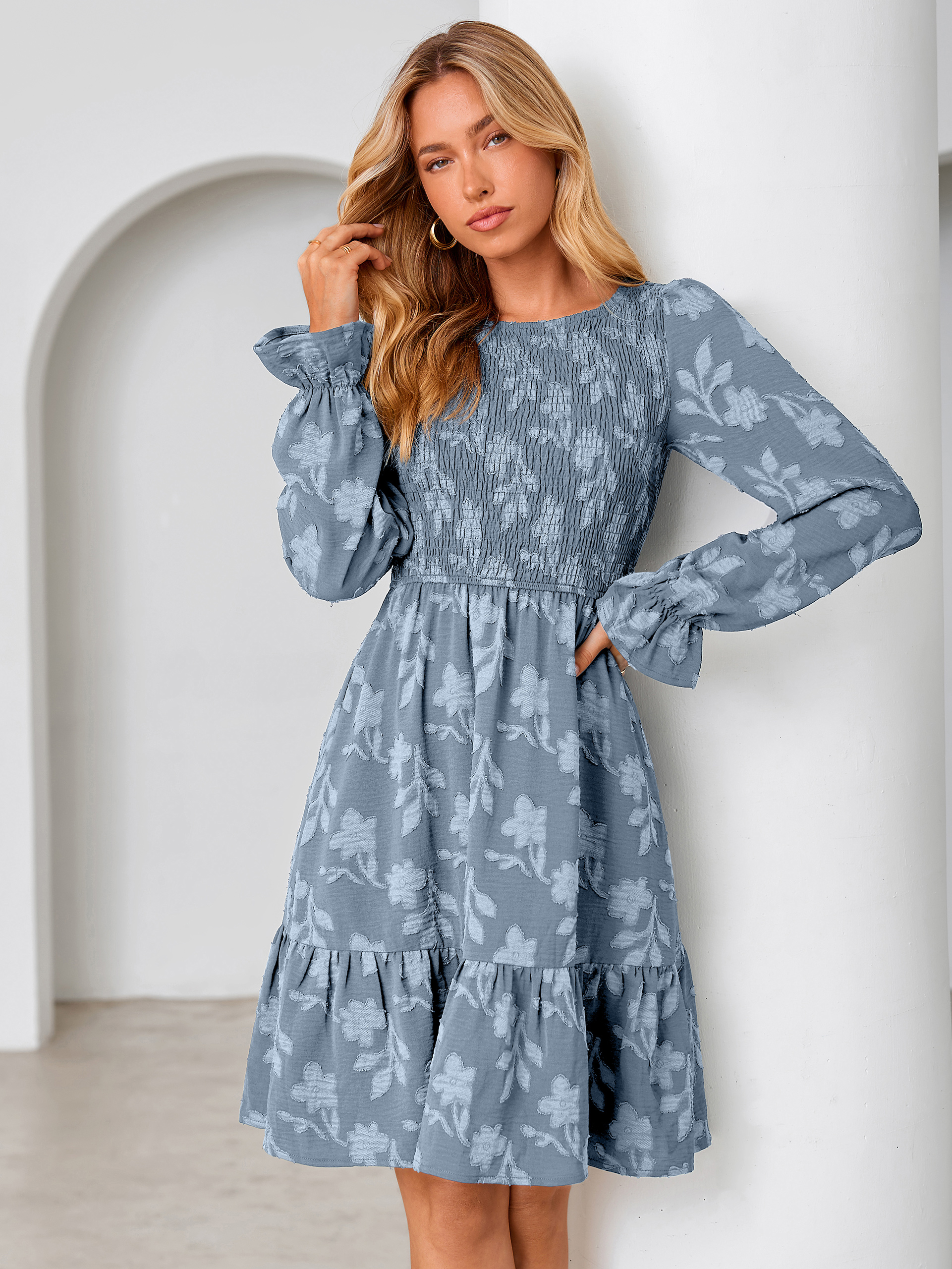 Burnout Leaf Smocked Bodice Long Sleeve Mini Dress