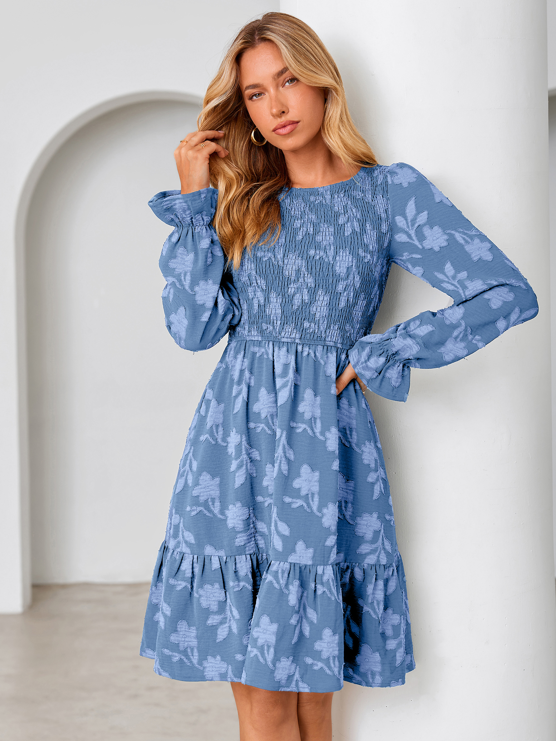Burnout Leaf Smocked Bodice Long Sleeve Mini Dress