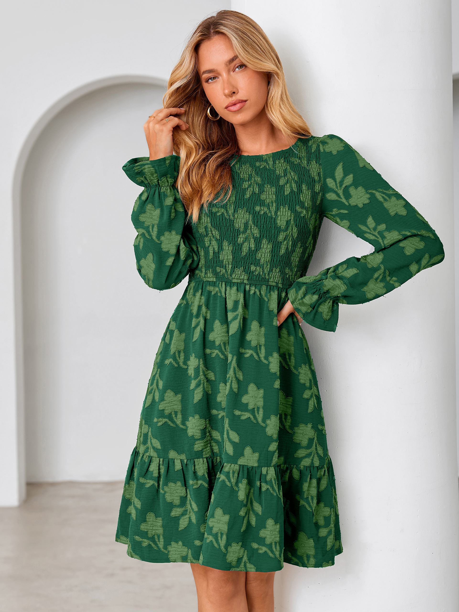 Burnout Leaf Smocked Bodice Long Sleeve Mini Dress