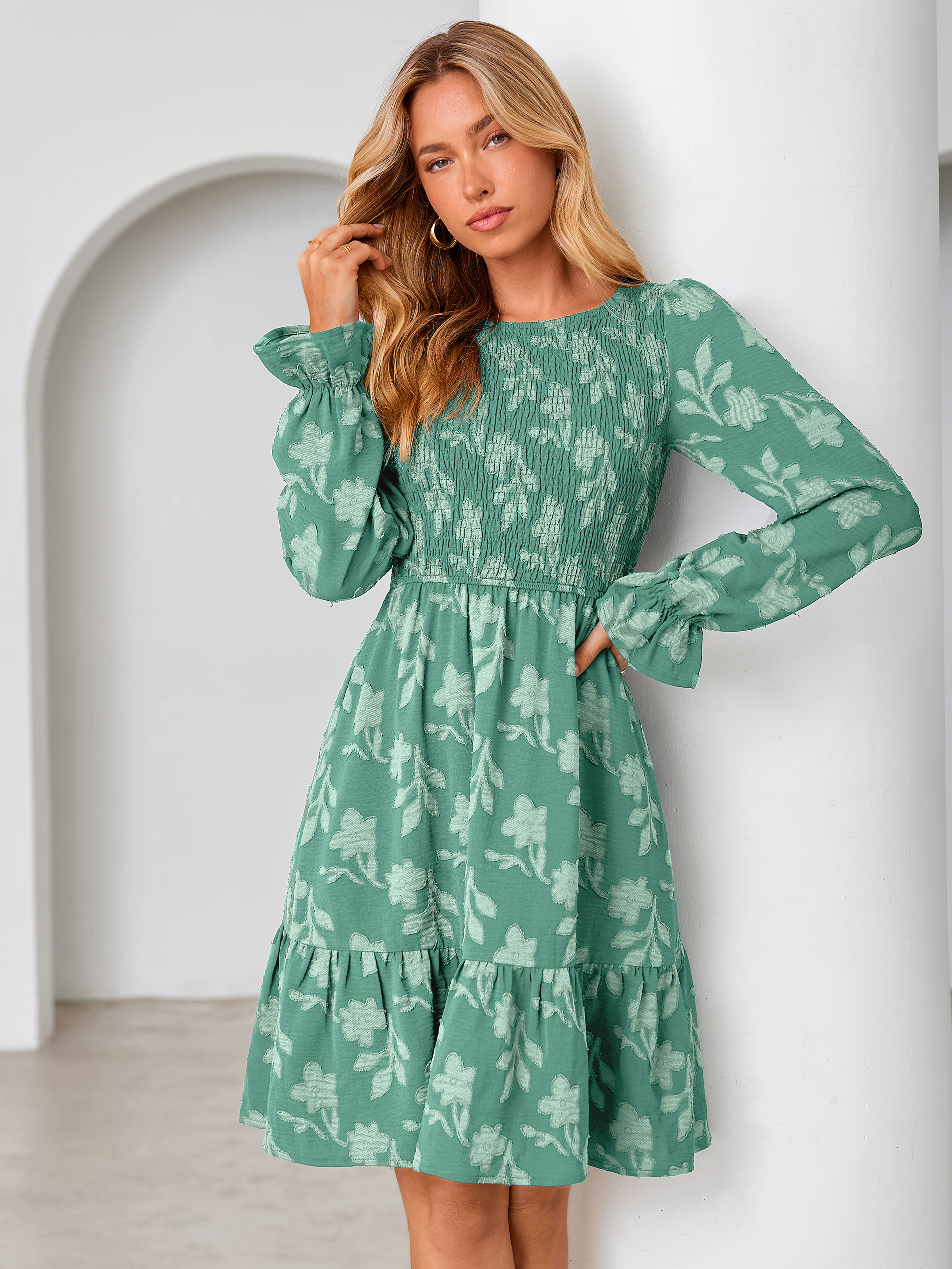 Burnout Leaf Smocked Bodice Long Sleeve Mini Dress