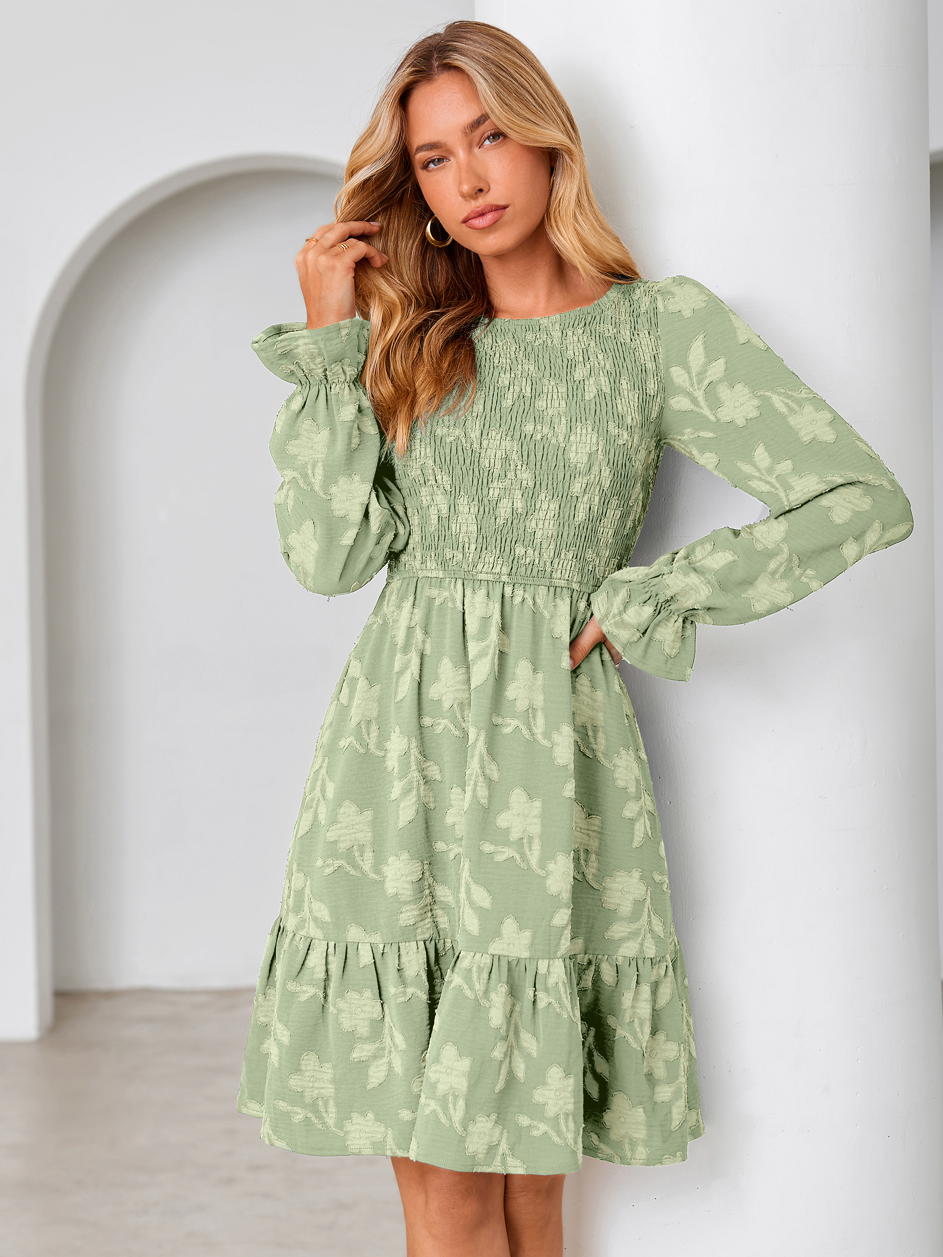 Burnout Leaf Smocked Bodice Long Sleeve Mini Dress