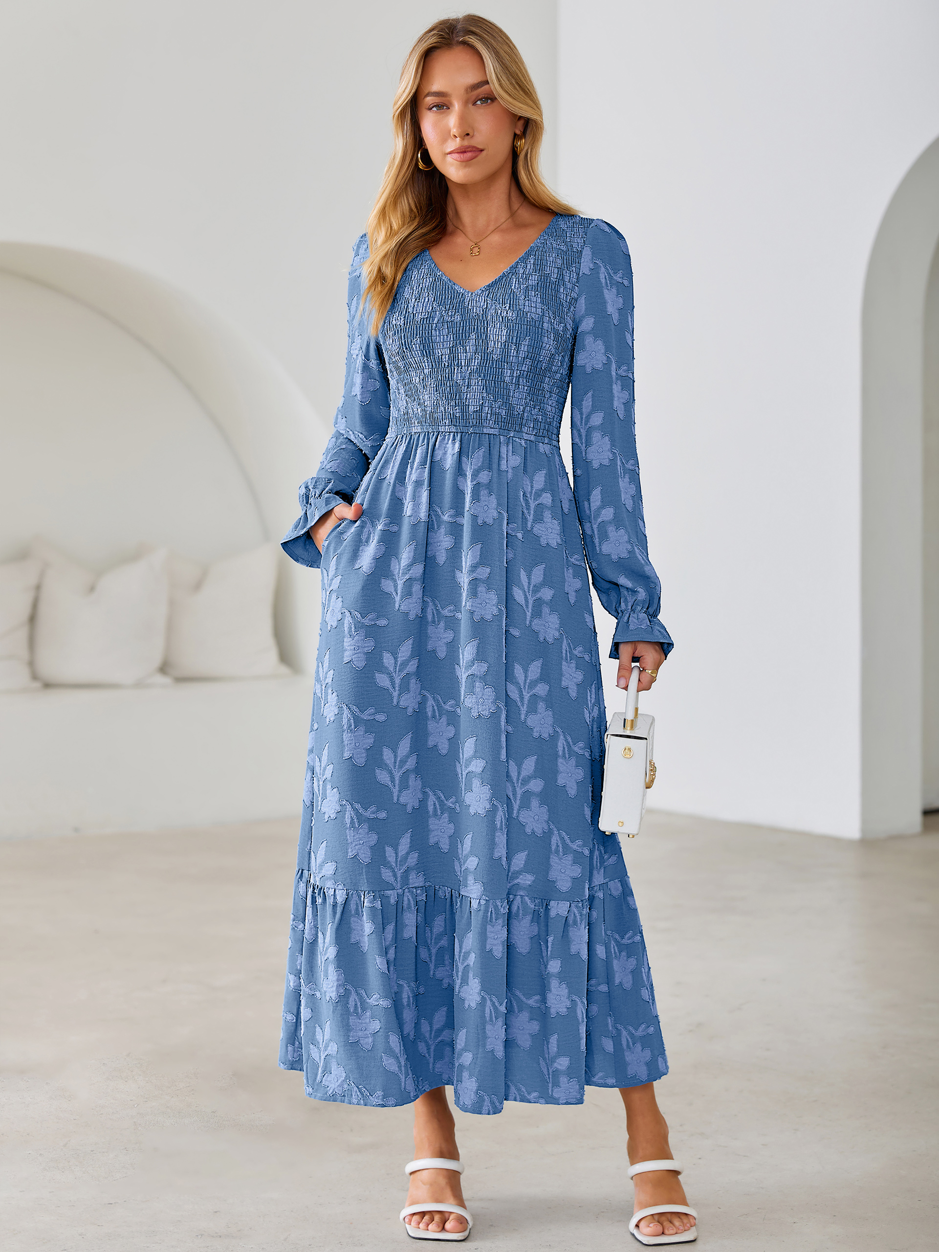 Floral Burnout Smocked V Neck Maxi Dress - Blue
