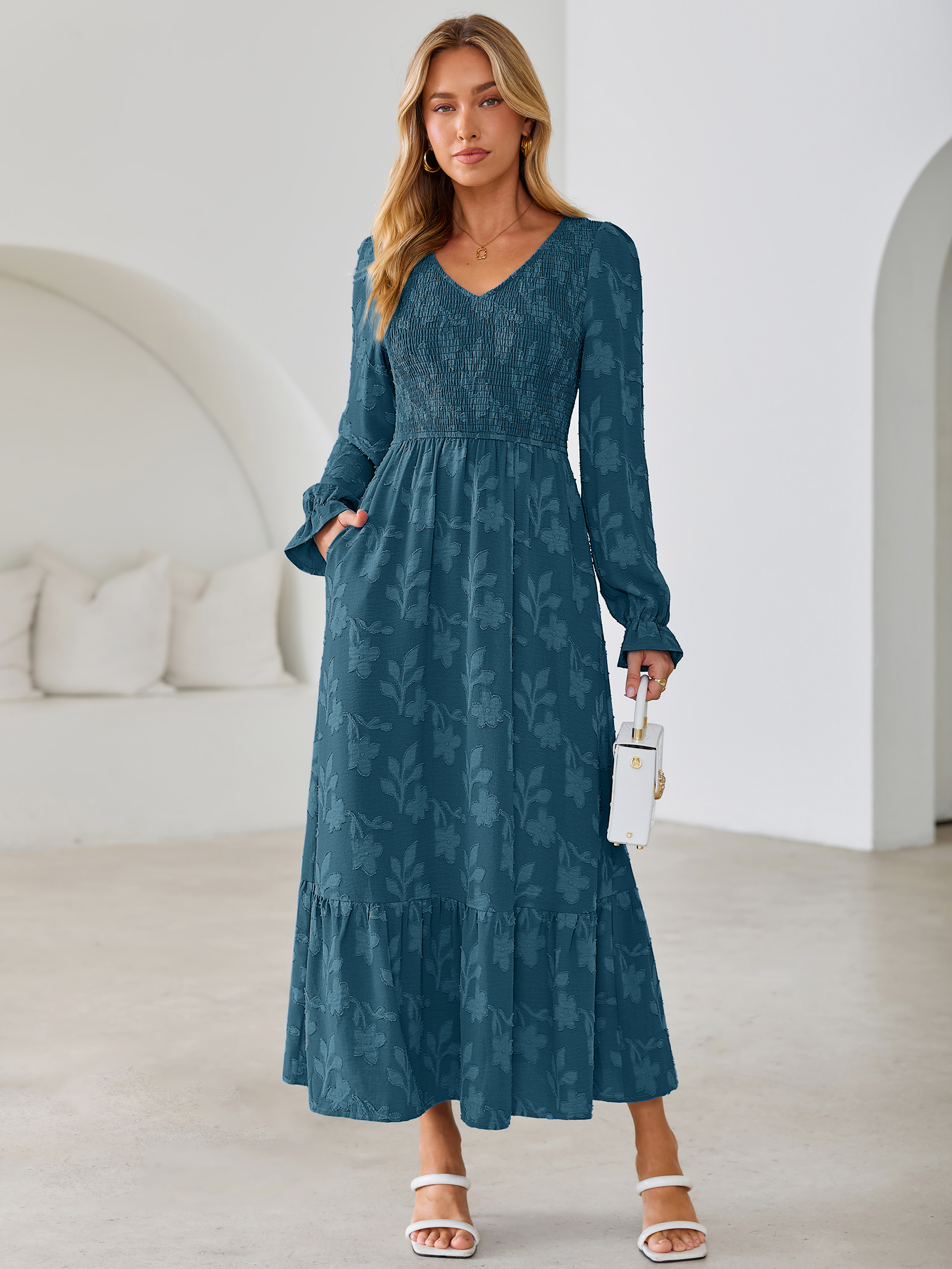 Floral Burnout Smocked V Neck Maxi Dress - Teal