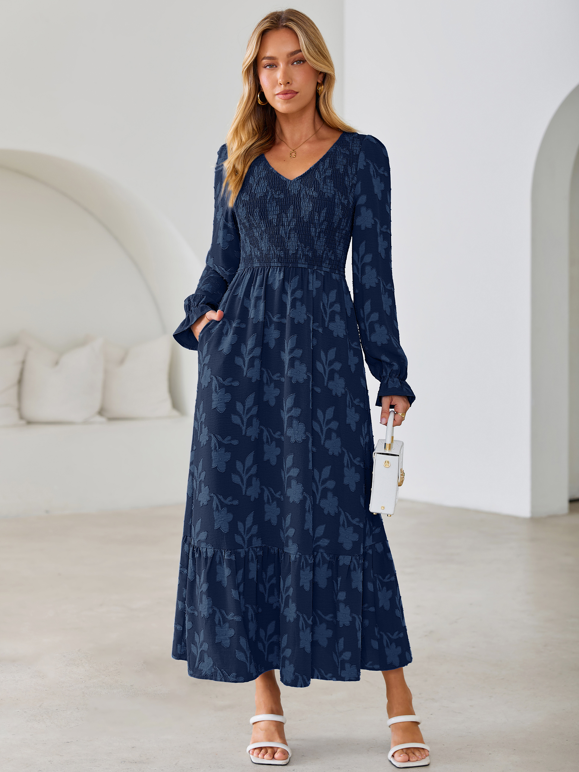 Floral Burnout Smocked V Neck Maxi Dress - Navy Blue
