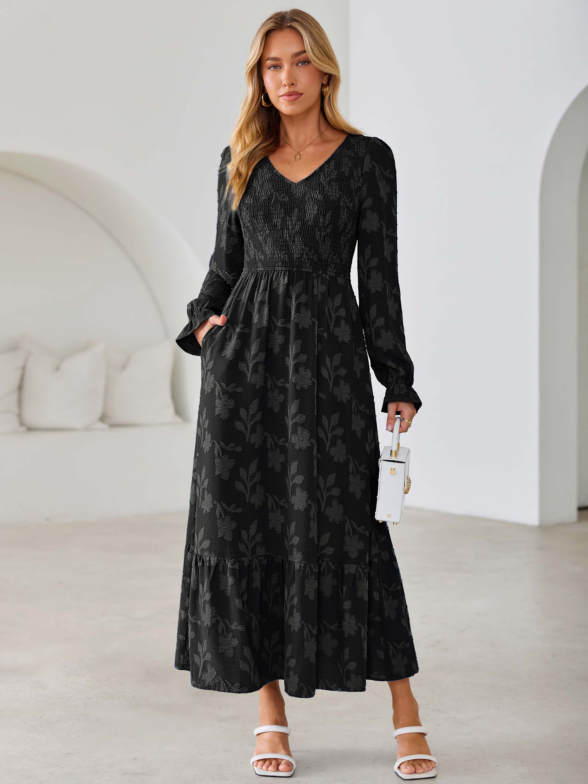 Floral Burnout Smocked V Neck Maxi Dress - Black