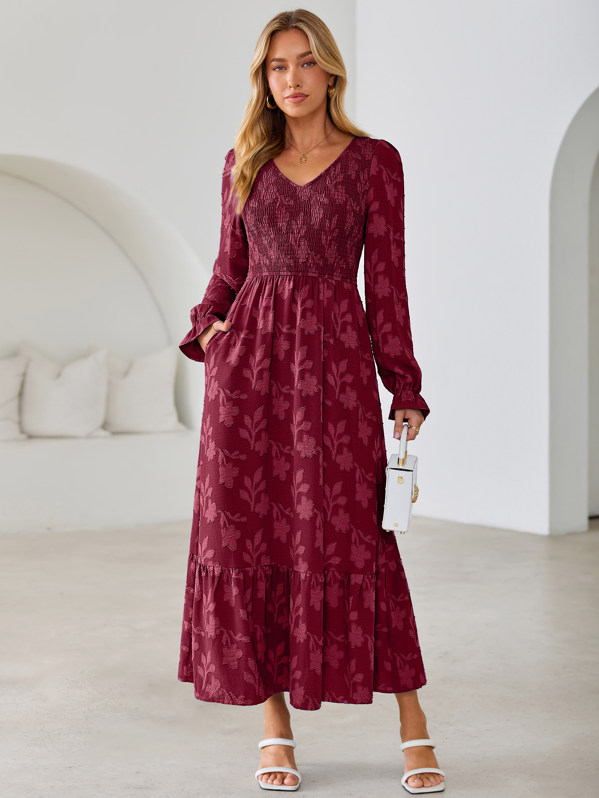 Floral Burnout Smocked V Neck Maxi Dress - Burgundy