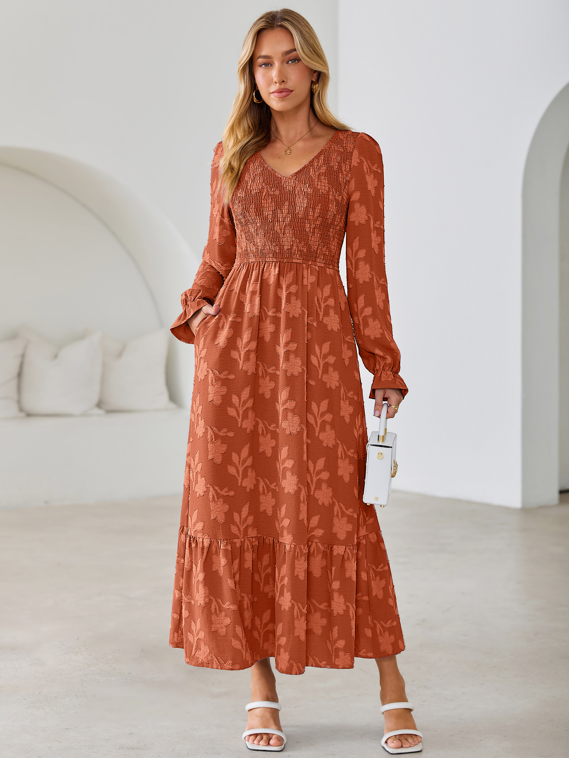 Floral Burnout Smocked V Neck Maxi Dress - Burnt Orange