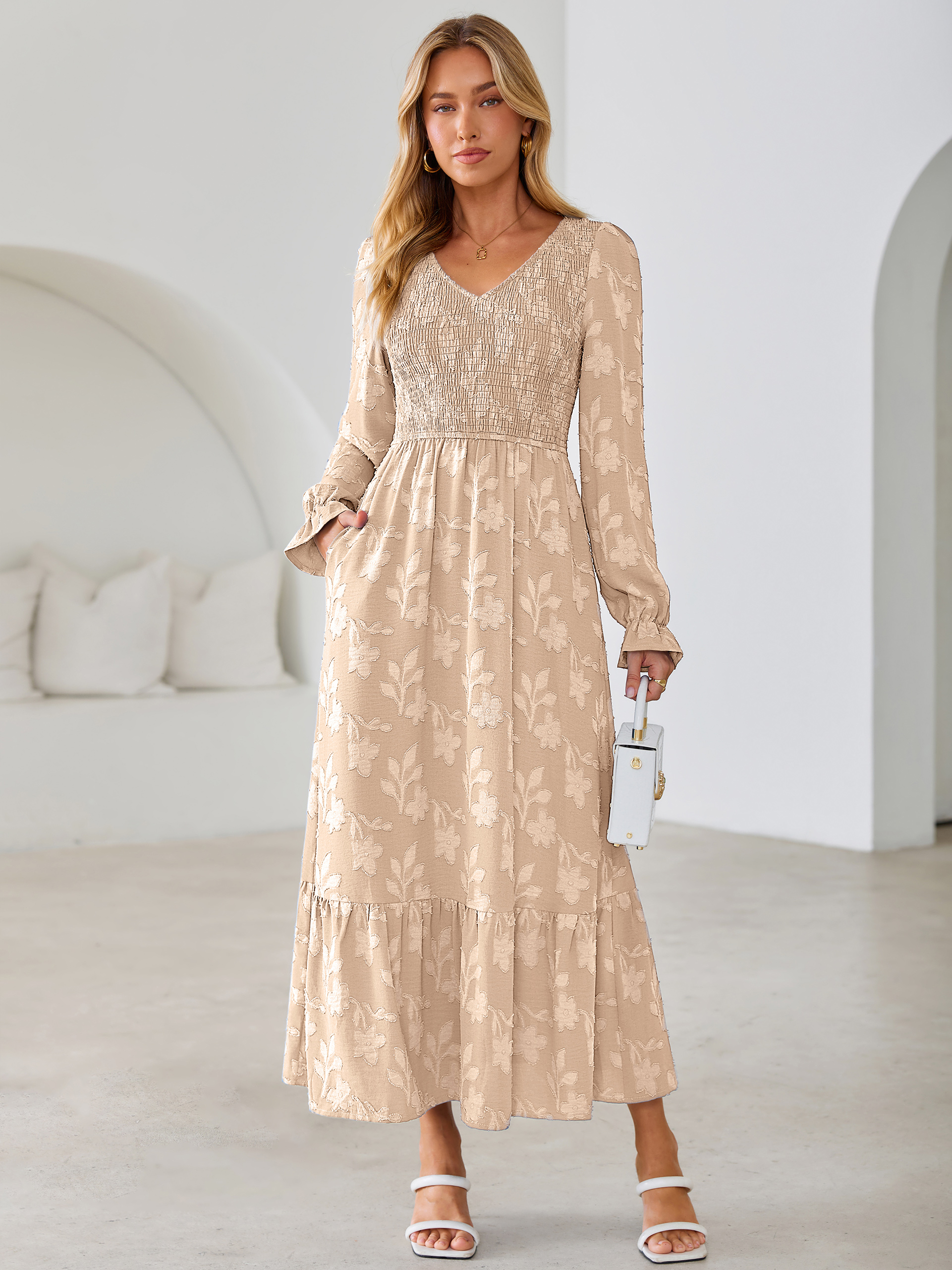 Floral Burnout Smocked V Neck Maxi Dress - Apricot