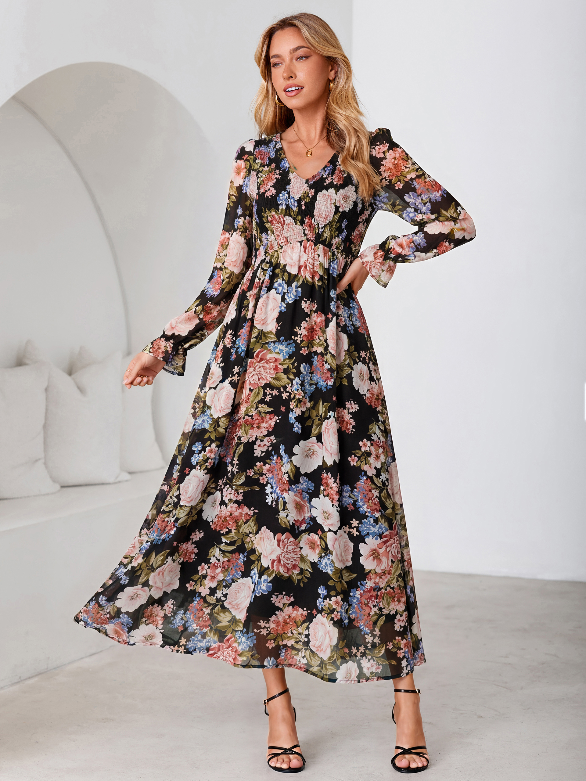 Floral Chiffon Smocked V Neck Maxi Dress - Black Pink Floral