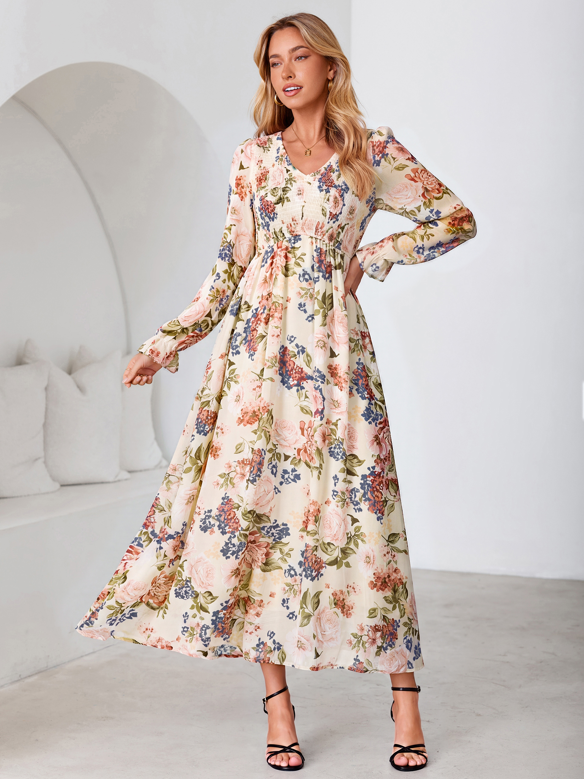 Floral Chiffon Smocked V Neck Maxi Dress - Apricot Floral