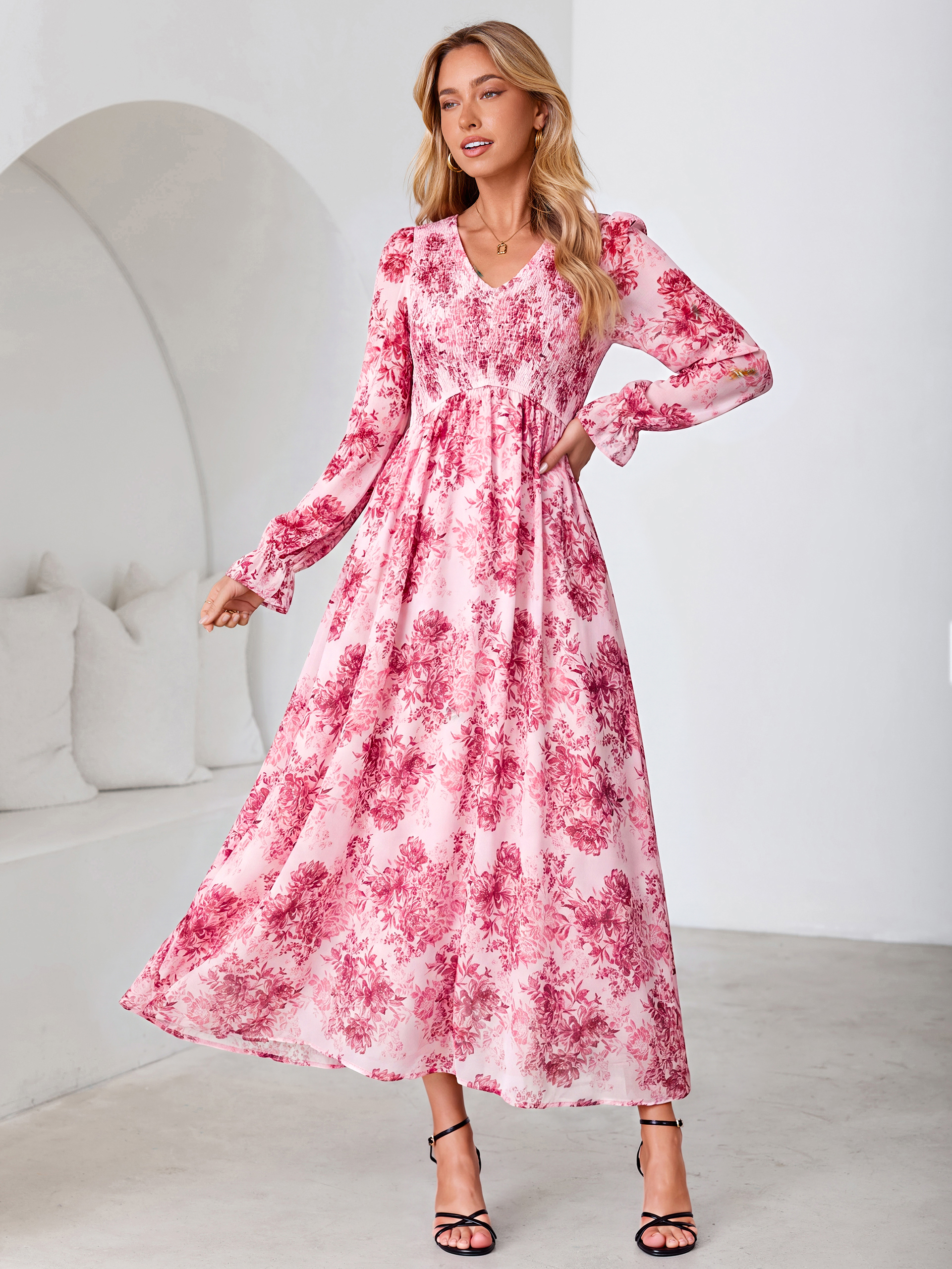 Floral Chiffon Smocked V Neck Maxi Dress - Pink Floral