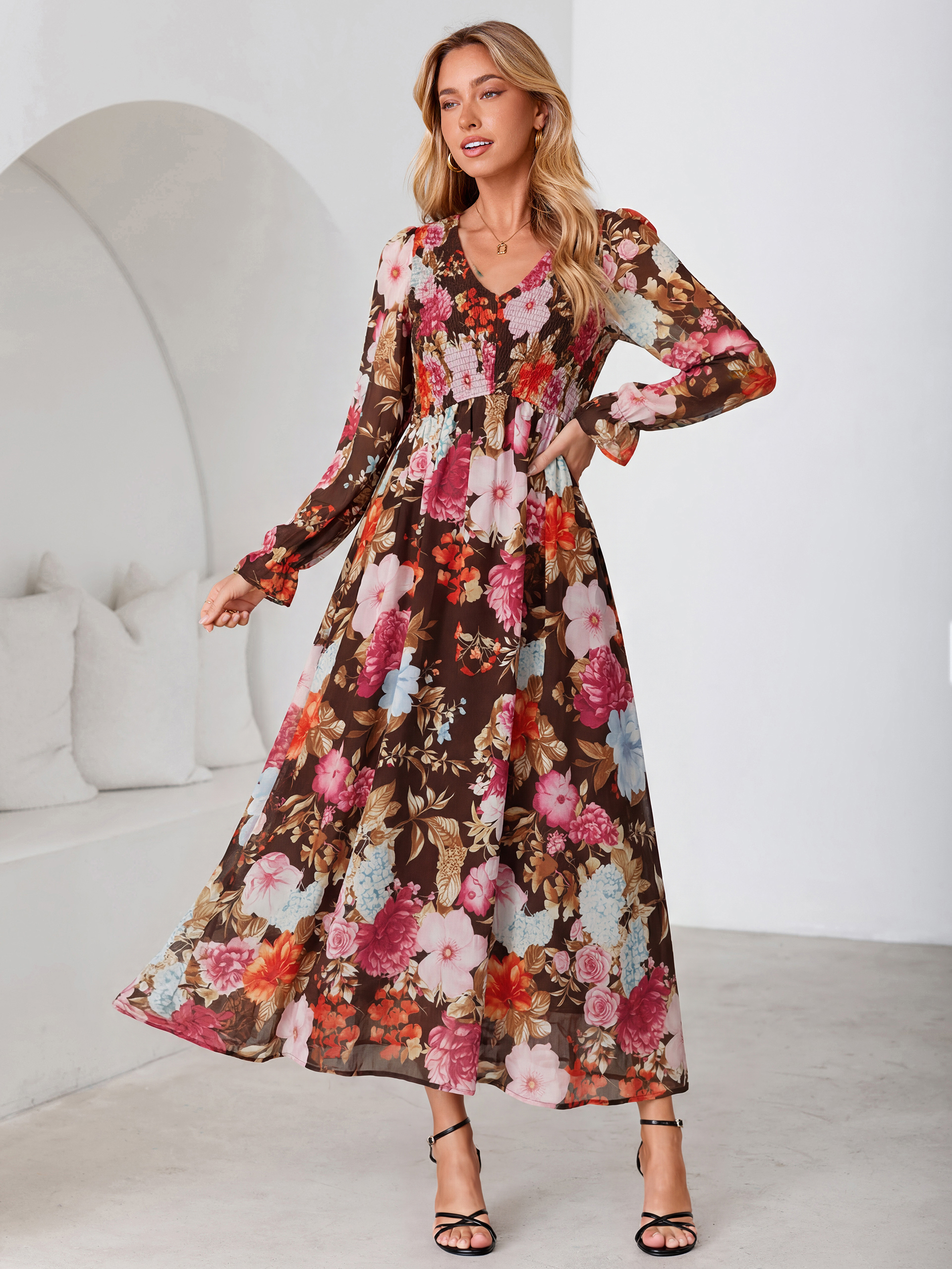 Floral Chiffon Smocked V Neck Maxi Dress - Coffee Peony