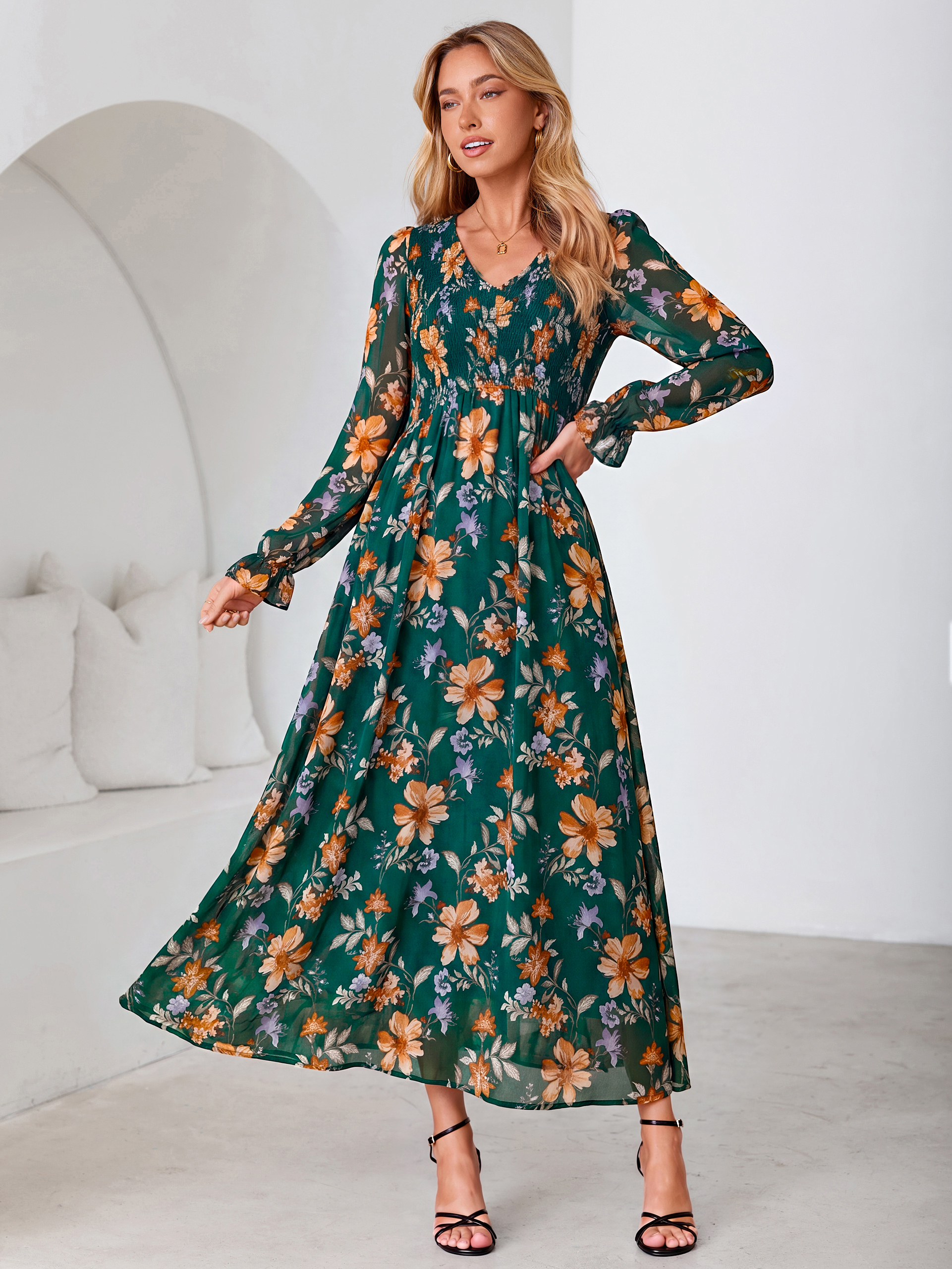 Floral Chiffon Smocked V Neck Maxi Dress - Green Yellow