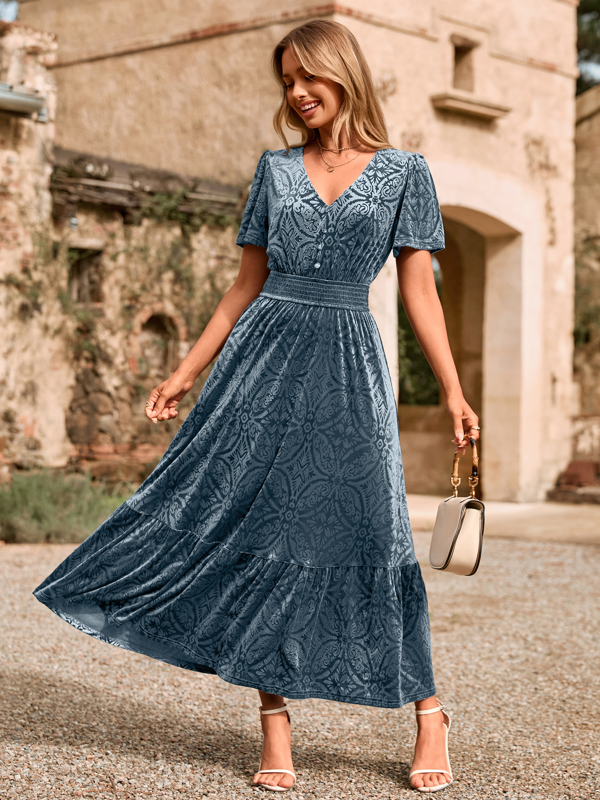 Velvet Floral V Neck Wedding Guest Maxi Dress - Grey Blue