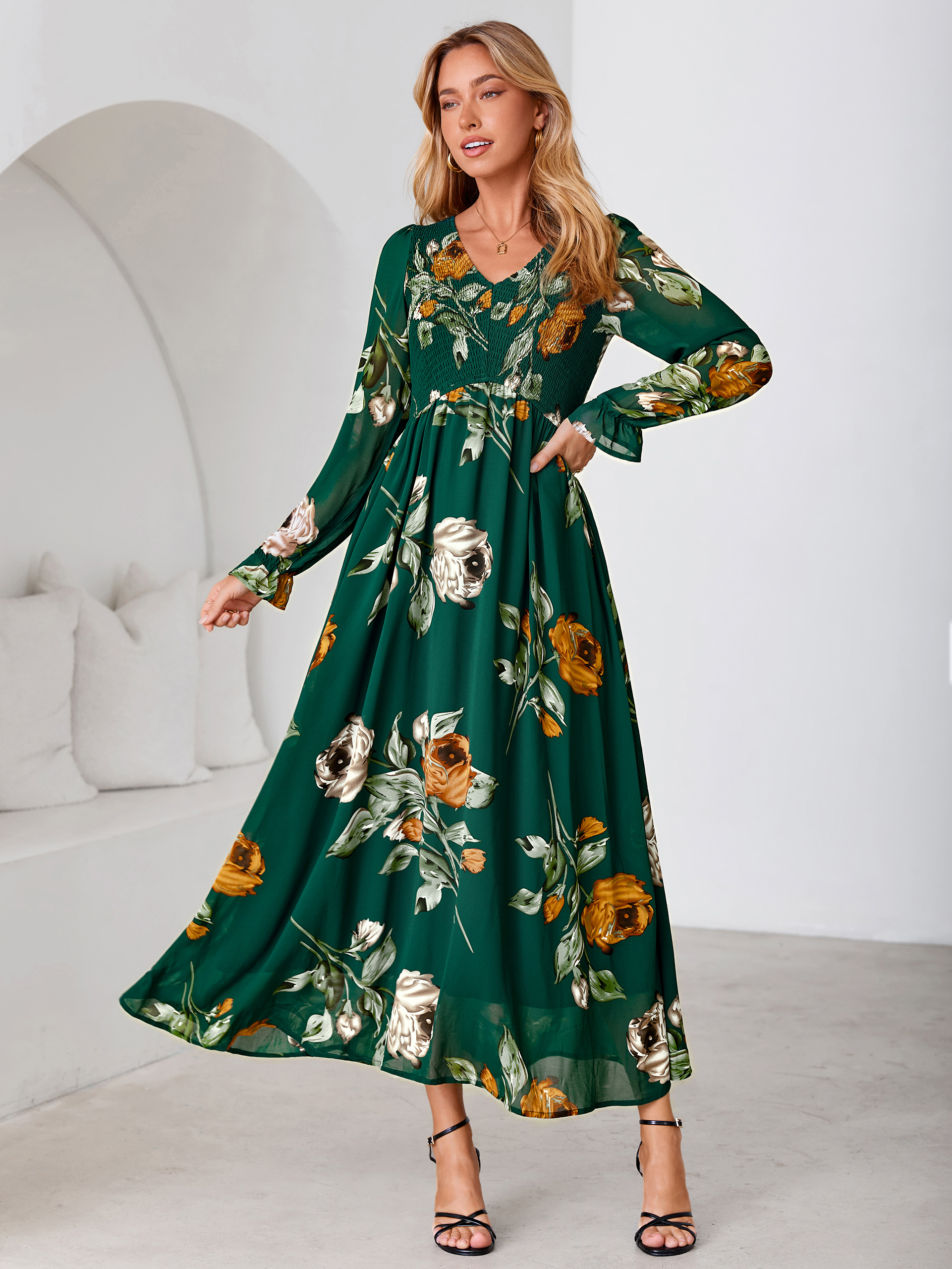 Floral Chiffon Smocked V Neck Maxi Dress - Green Rose