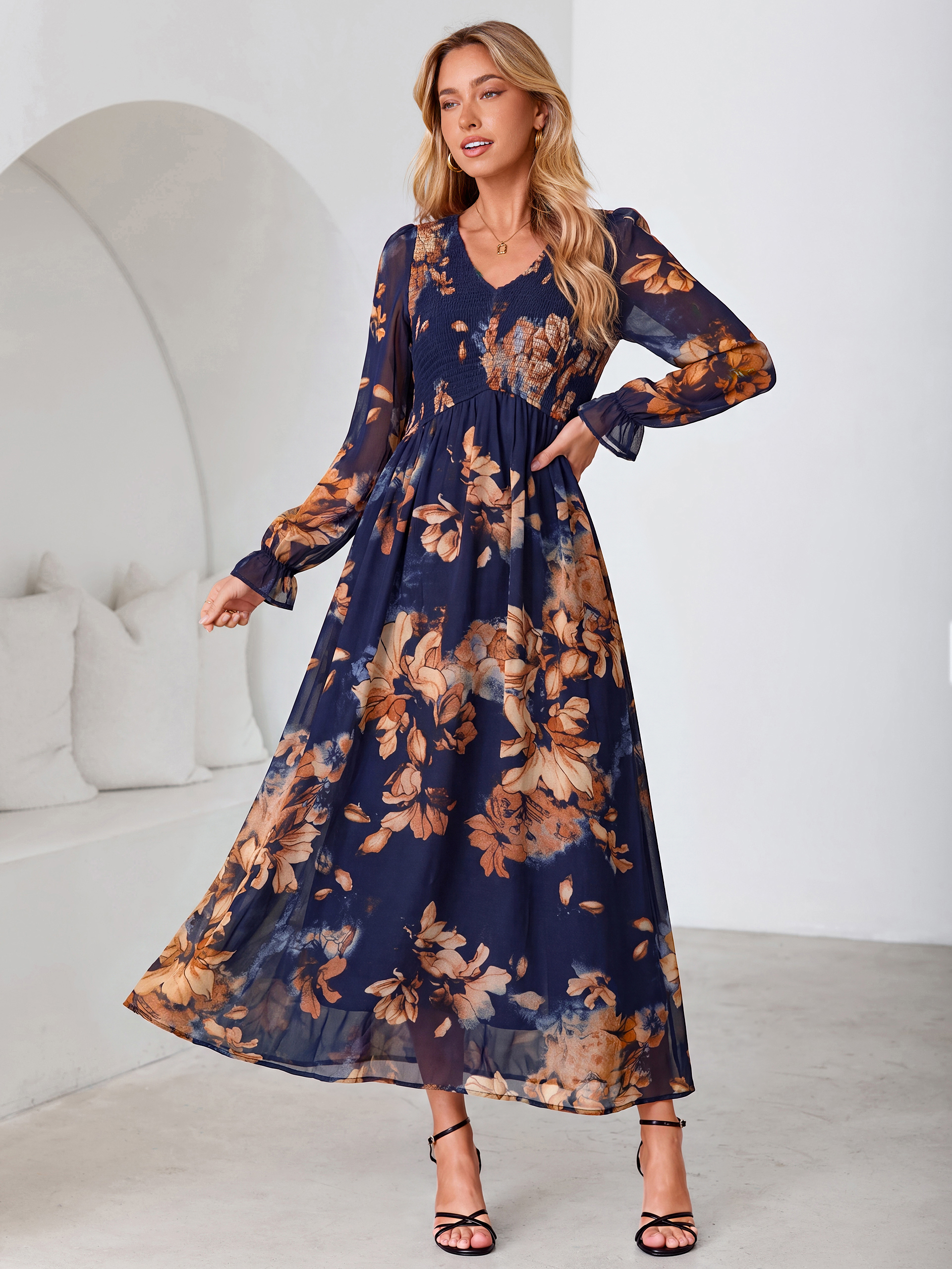 Floral Chiffon Smocked V Neck Maxi Dress - Blue Yellow