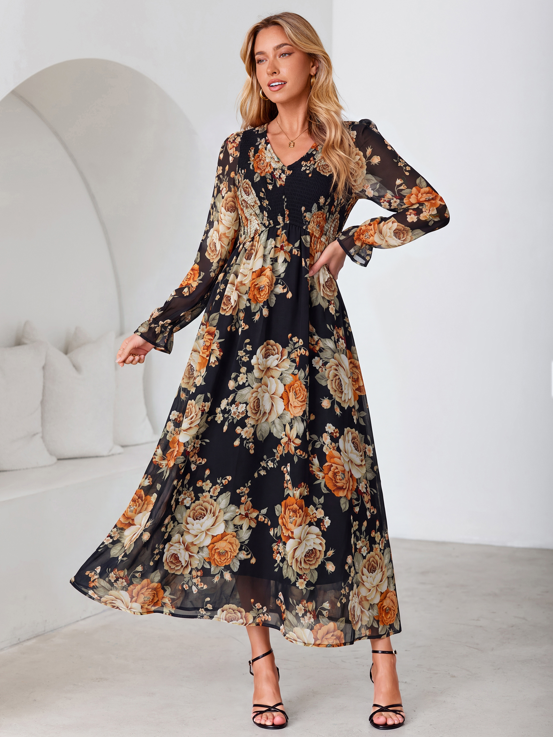Floral Chiffon Smocked V Neck Maxi Dress - Black Yellow Floral