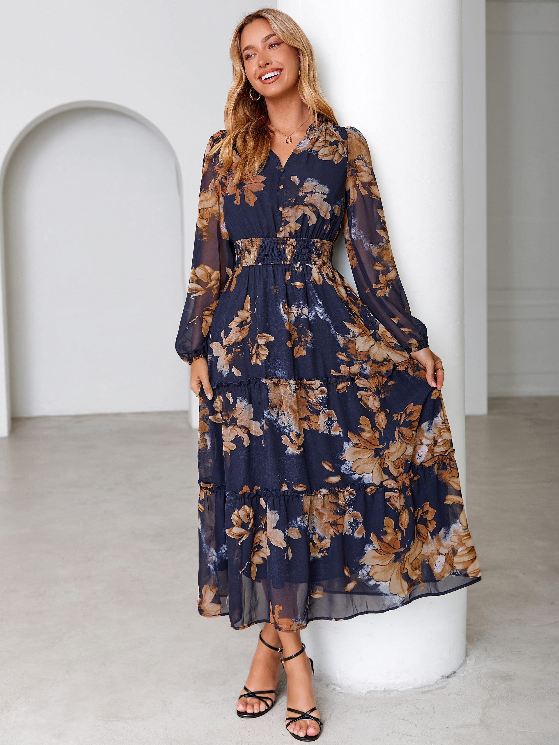 Floral Chiffon Button V Neck Tiered Maxi Dress