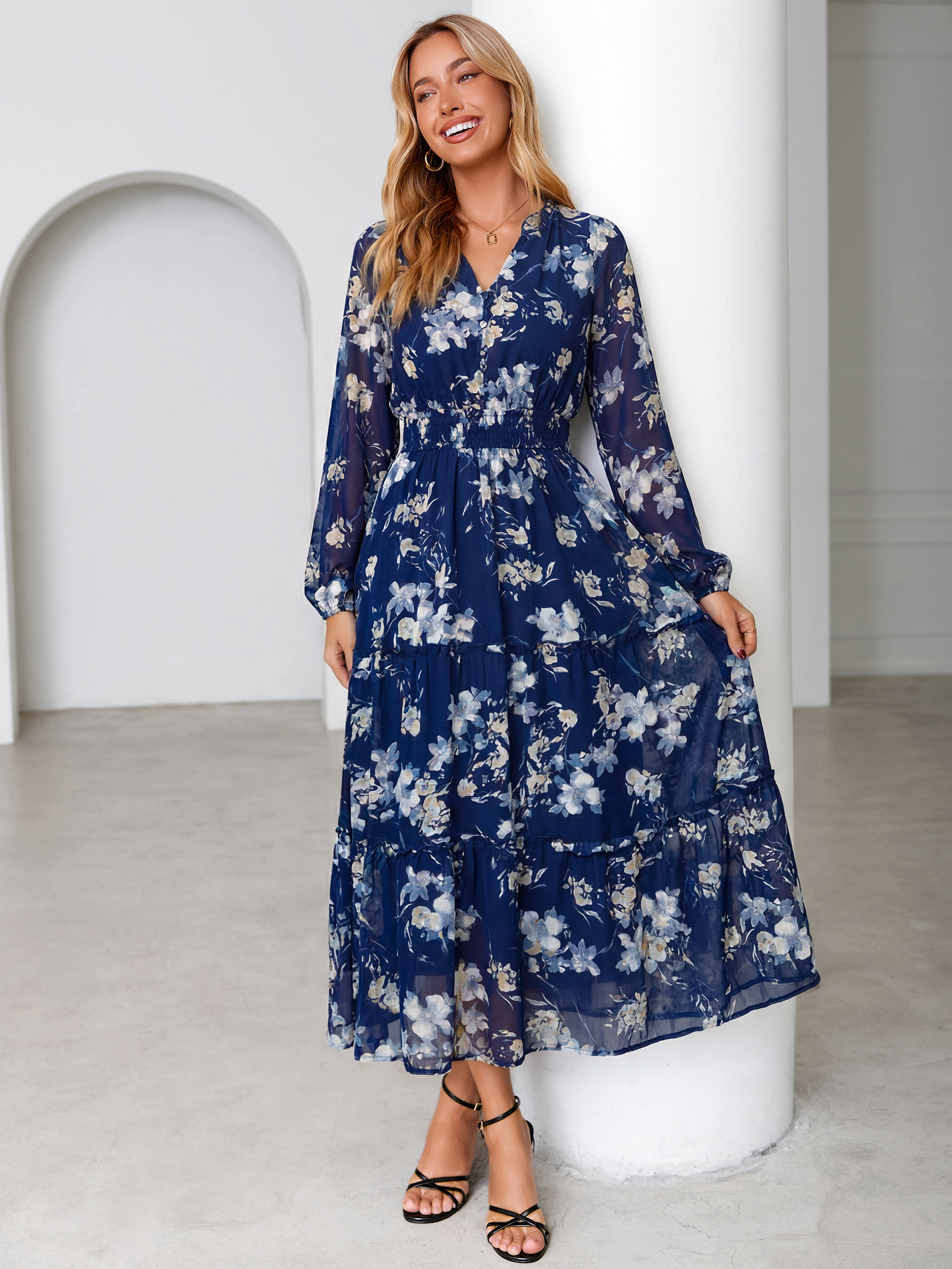 Floral Chiffon Button V Neck Tiered Maxi Dress