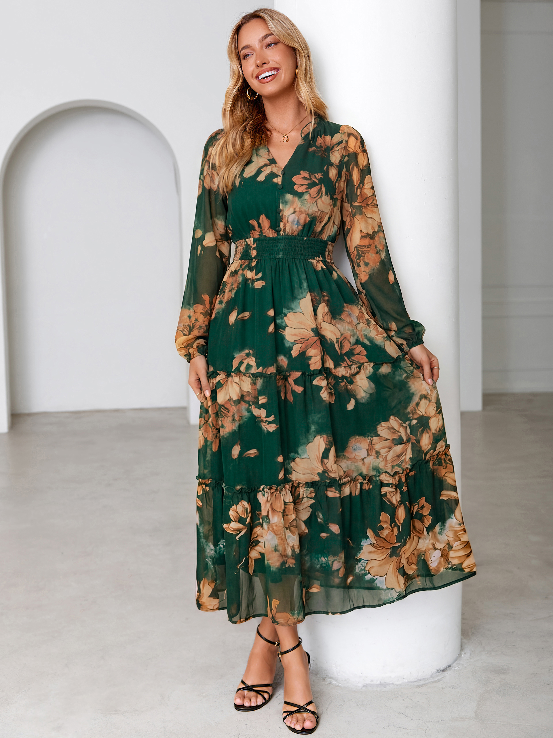 Floral Chiffon Button V Neck Tiered Maxi Dress
