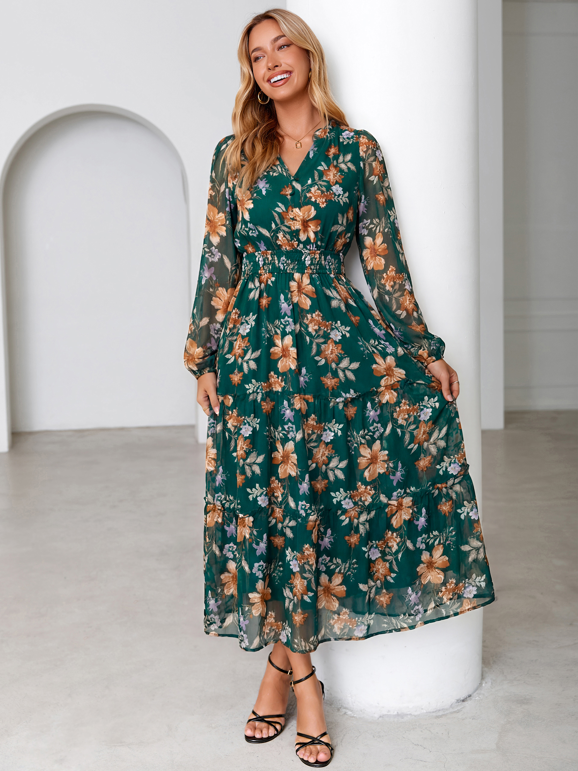 Floral Chiffon Button V Neck Tiered Maxi Dress