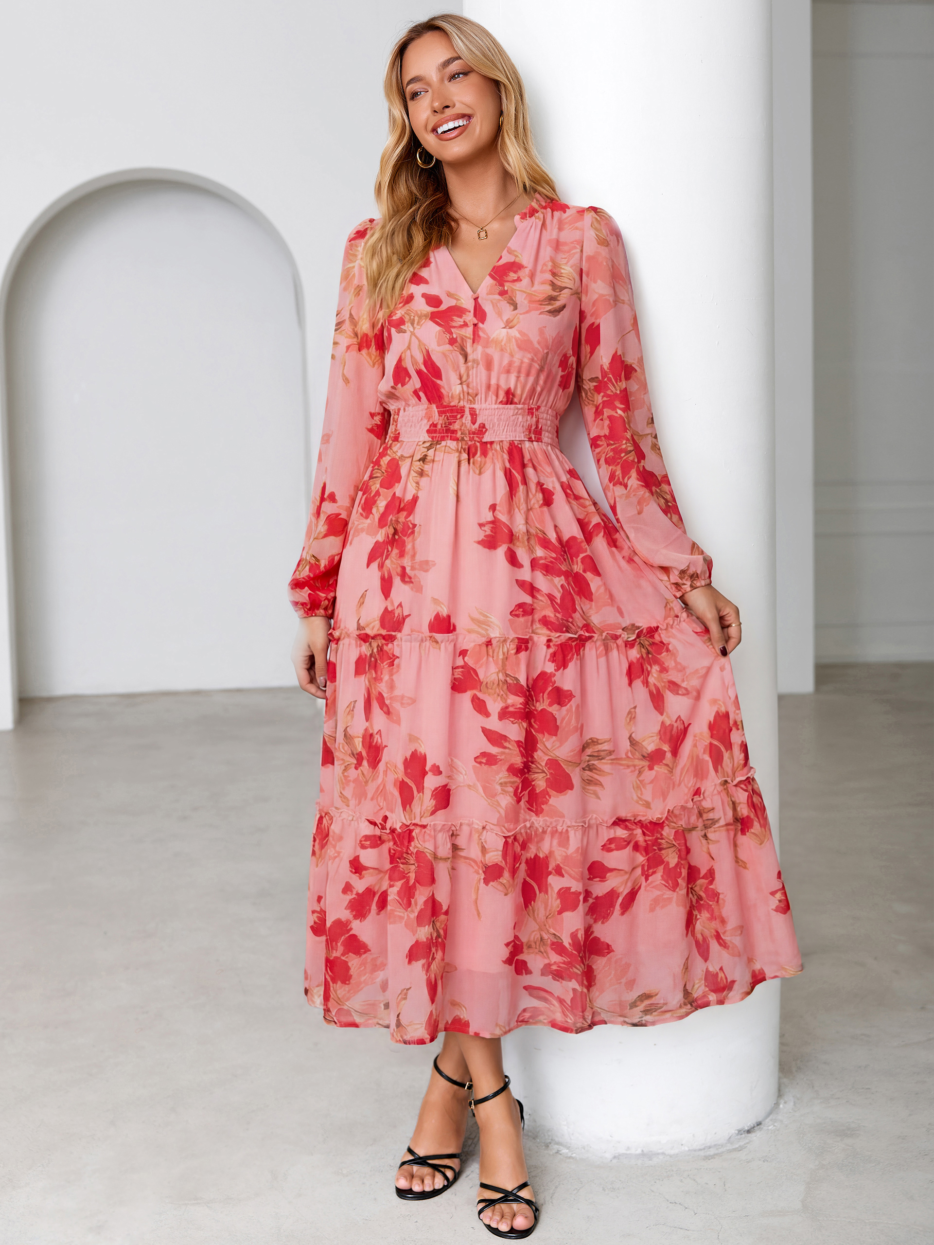 Floral Chiffon Button V Neck Tiered Maxi Dress