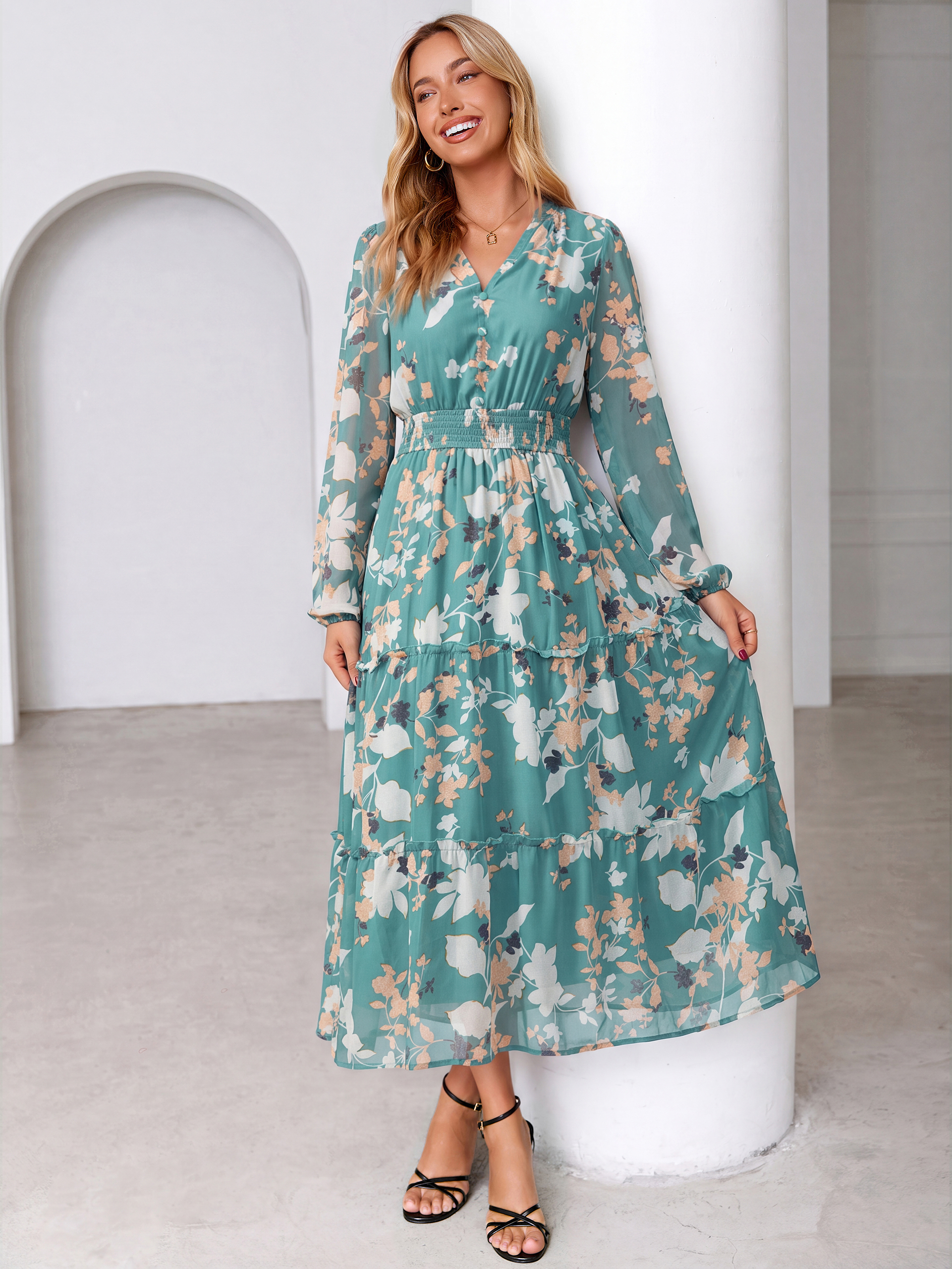 Floral Chiffon Button V Neck Tiered Maxi Dress