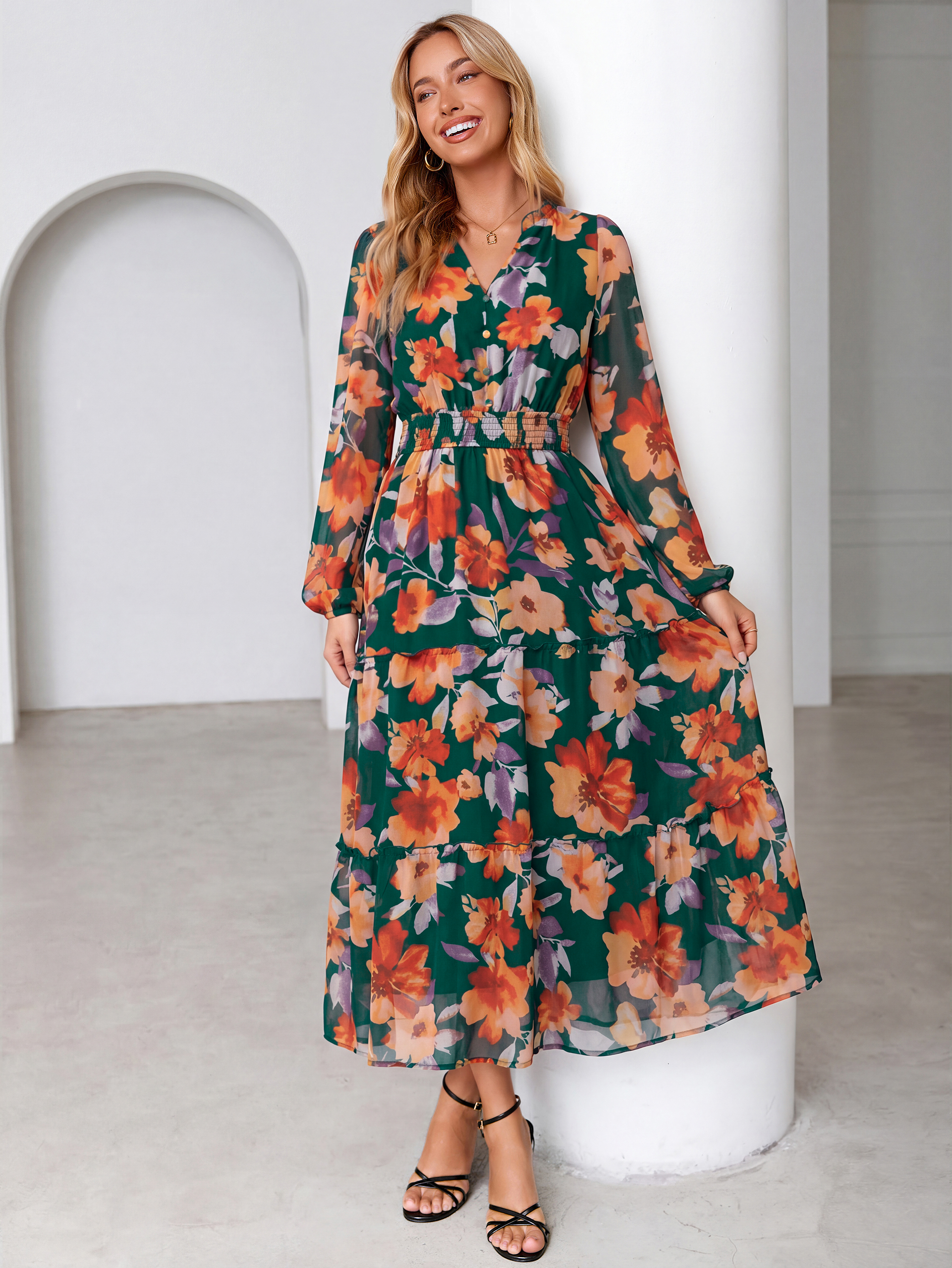 Floral Chiffon Button V Neck Tiered Maxi Dress